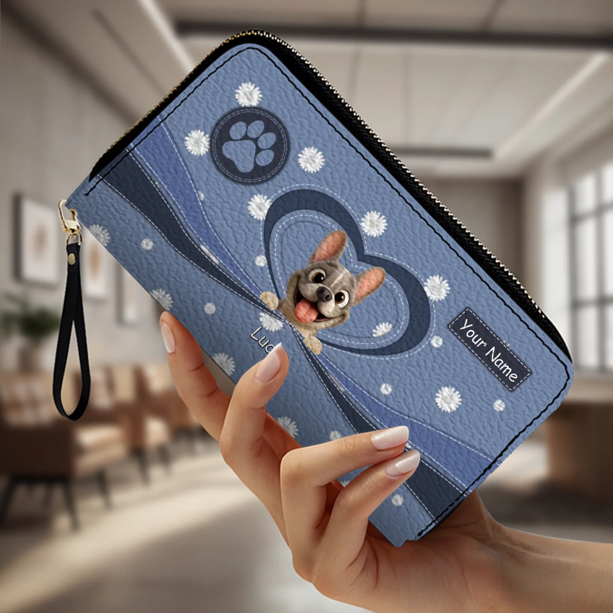 Personalized French Bulldog Wallet – Custom Daisy Flower Leather Clutch