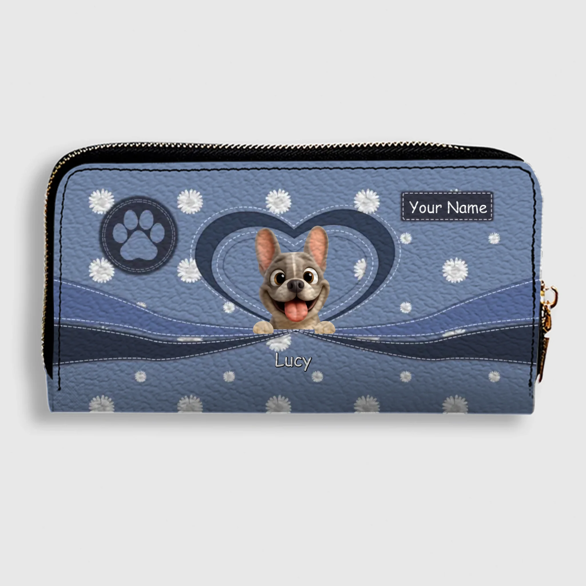 Personalized French Bulldog Wallet – Custom Daisy Flower Leather Clutch