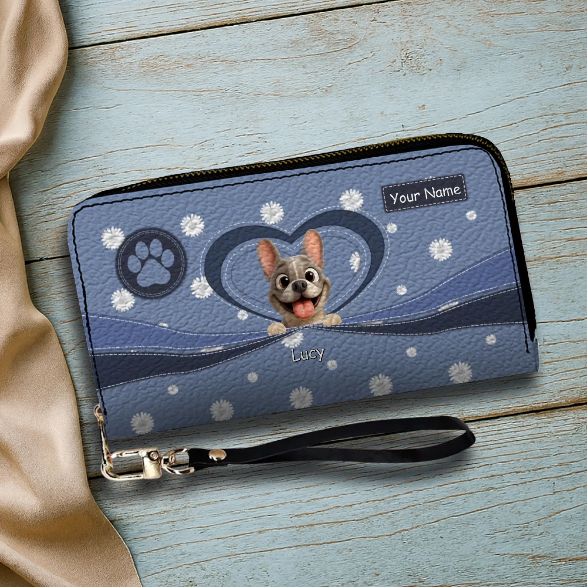 Personalized French Bulldog Wallet – Custom Daisy Flower Leather Clutch
