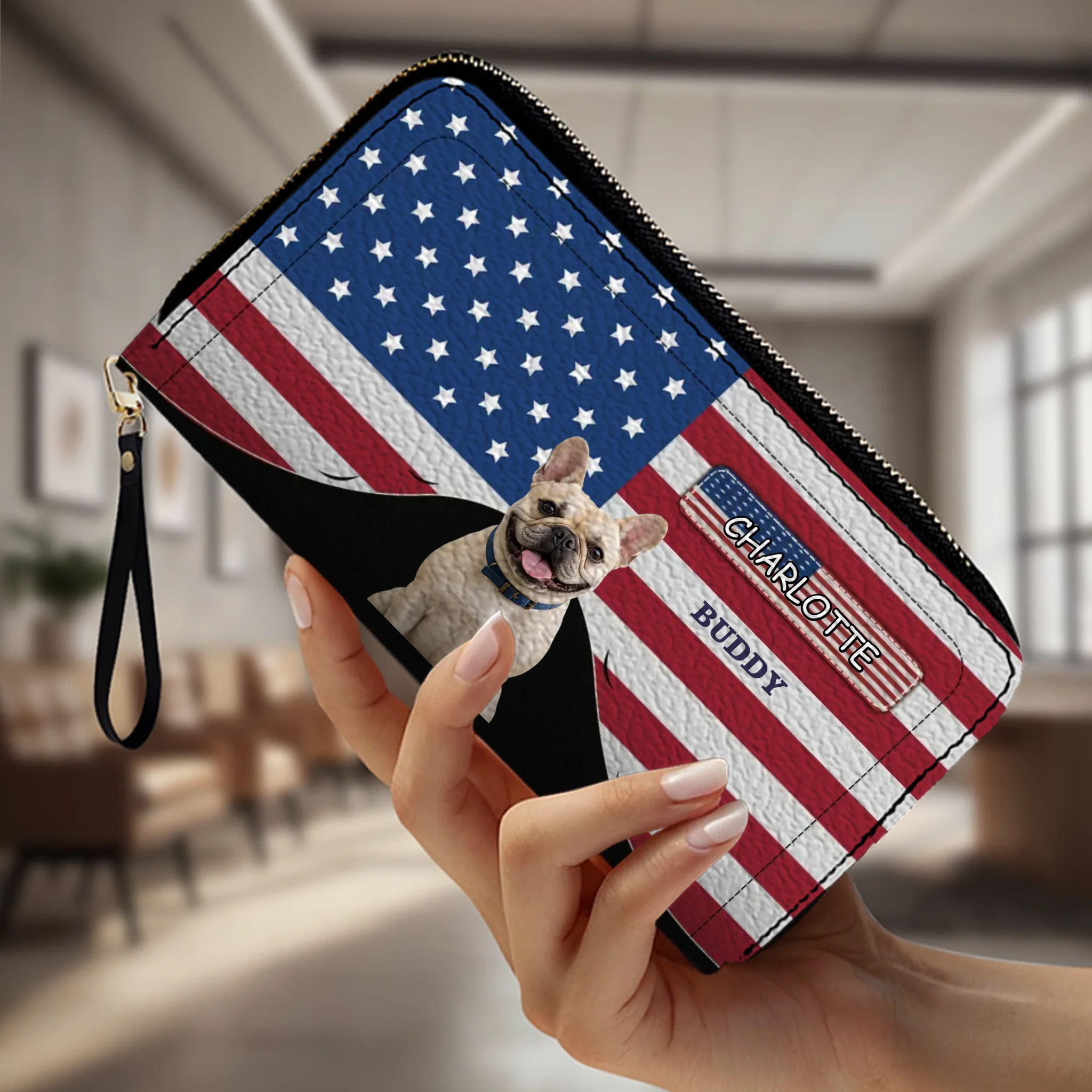 Custom Frenchie Wallet For Dog Lovers – American Flag Patriotic