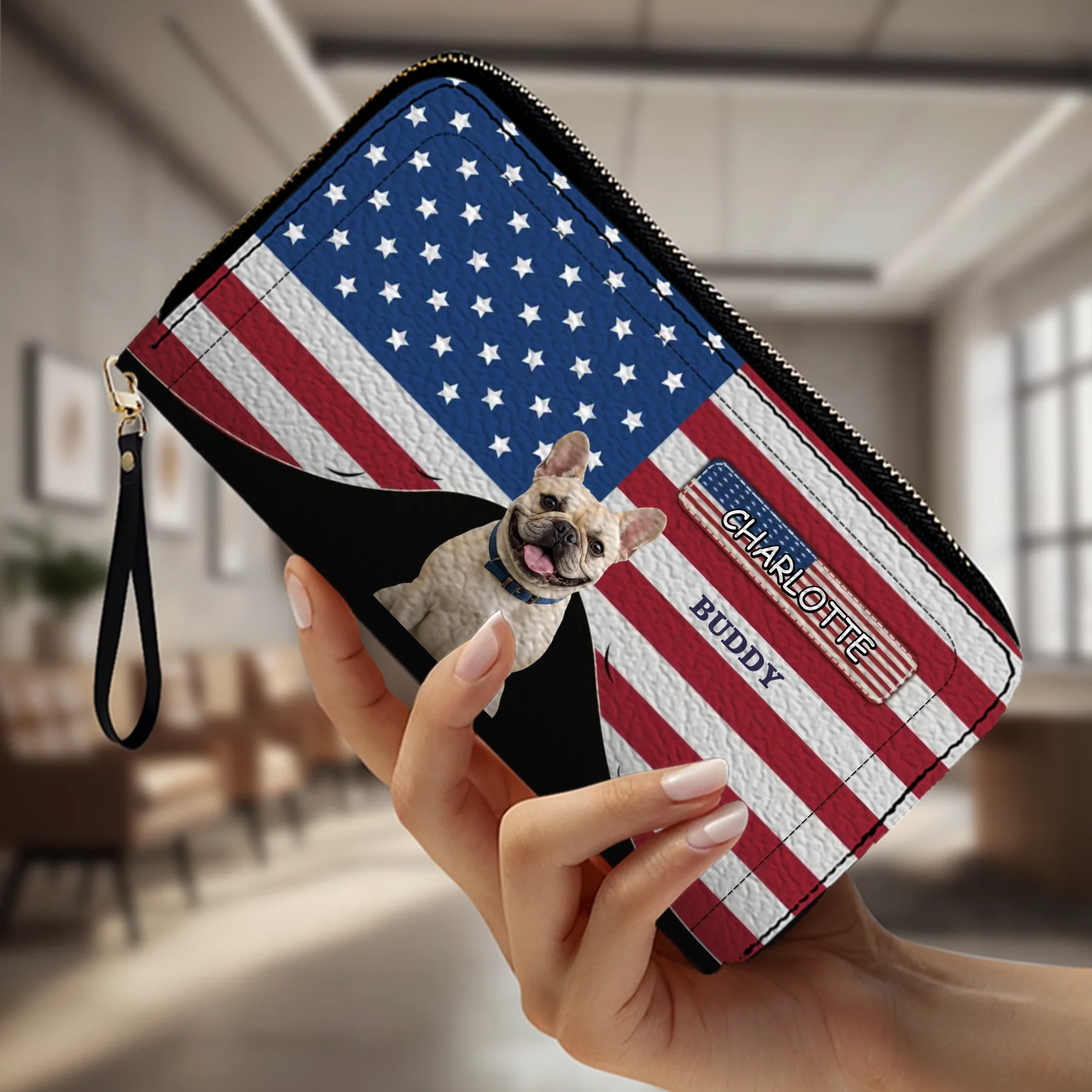 Custom Frenchie Wallet For Dog Lovers – American Flag Patriotic