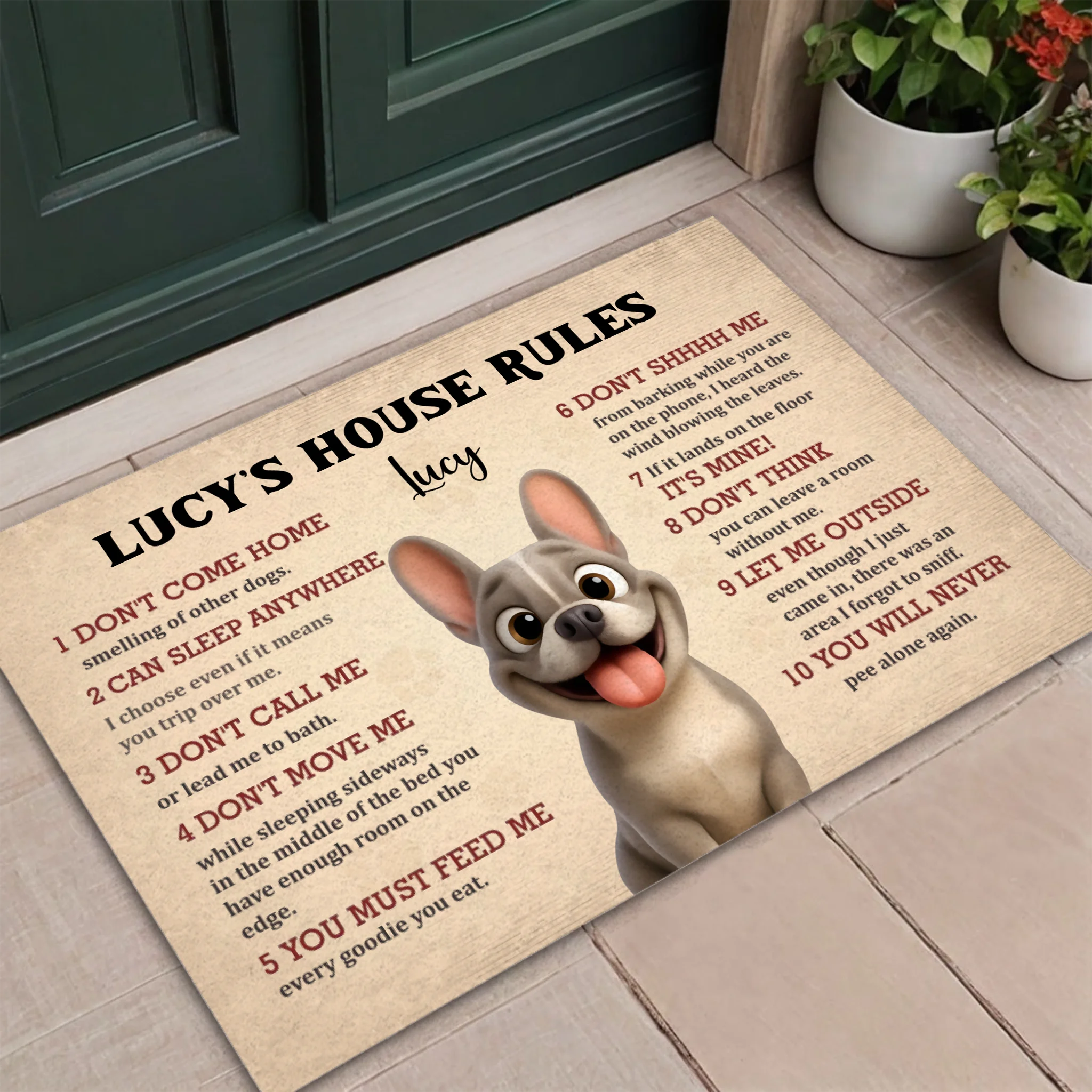 Custom Frenchie Doormat For Dog Lovers – 10 Dog House Funny Rules