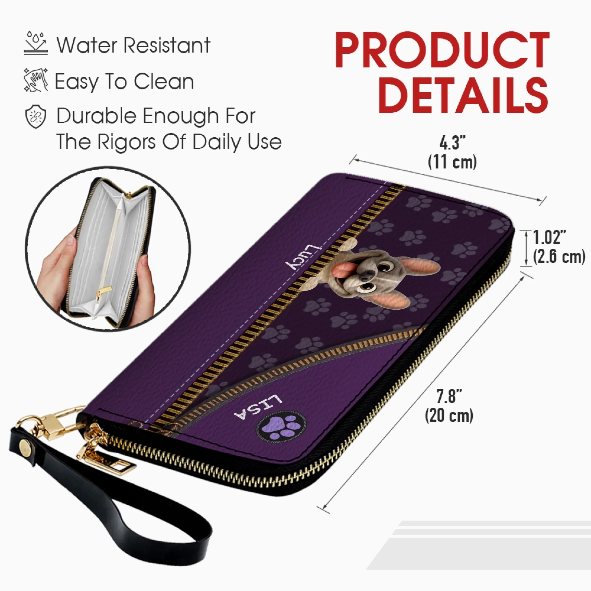 Custom French Bulldog Wallet – Purple Zipper Design Clutch For Dog Lovers