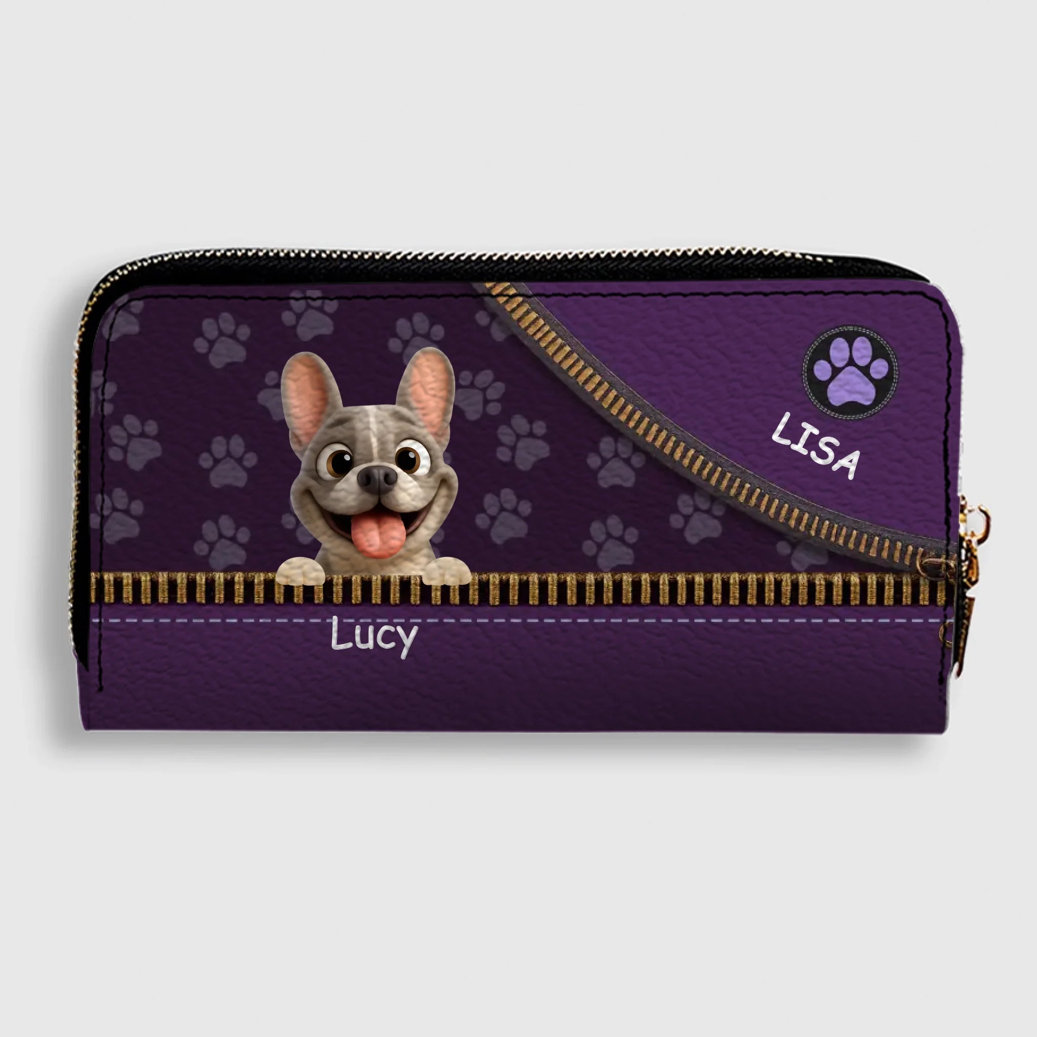 Custom French Bulldog Wallet – Purple Zipper Design Clutch For Dog Lovers