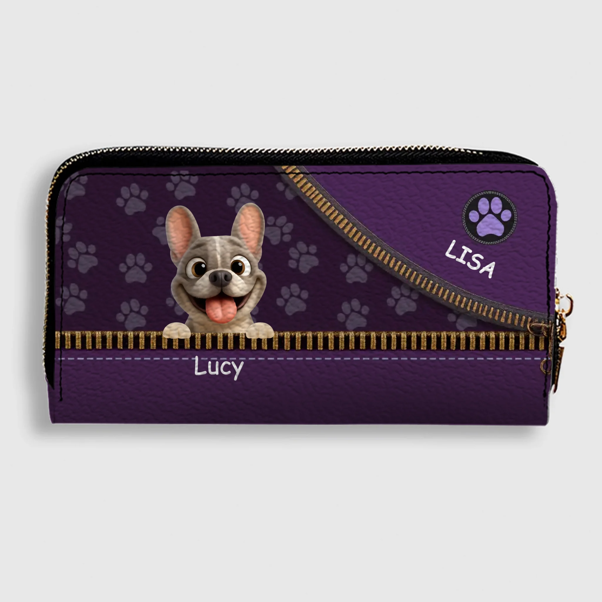 Custom French Bulldog Wallet – Purple Zipper Design Clutch For Dog Lovers