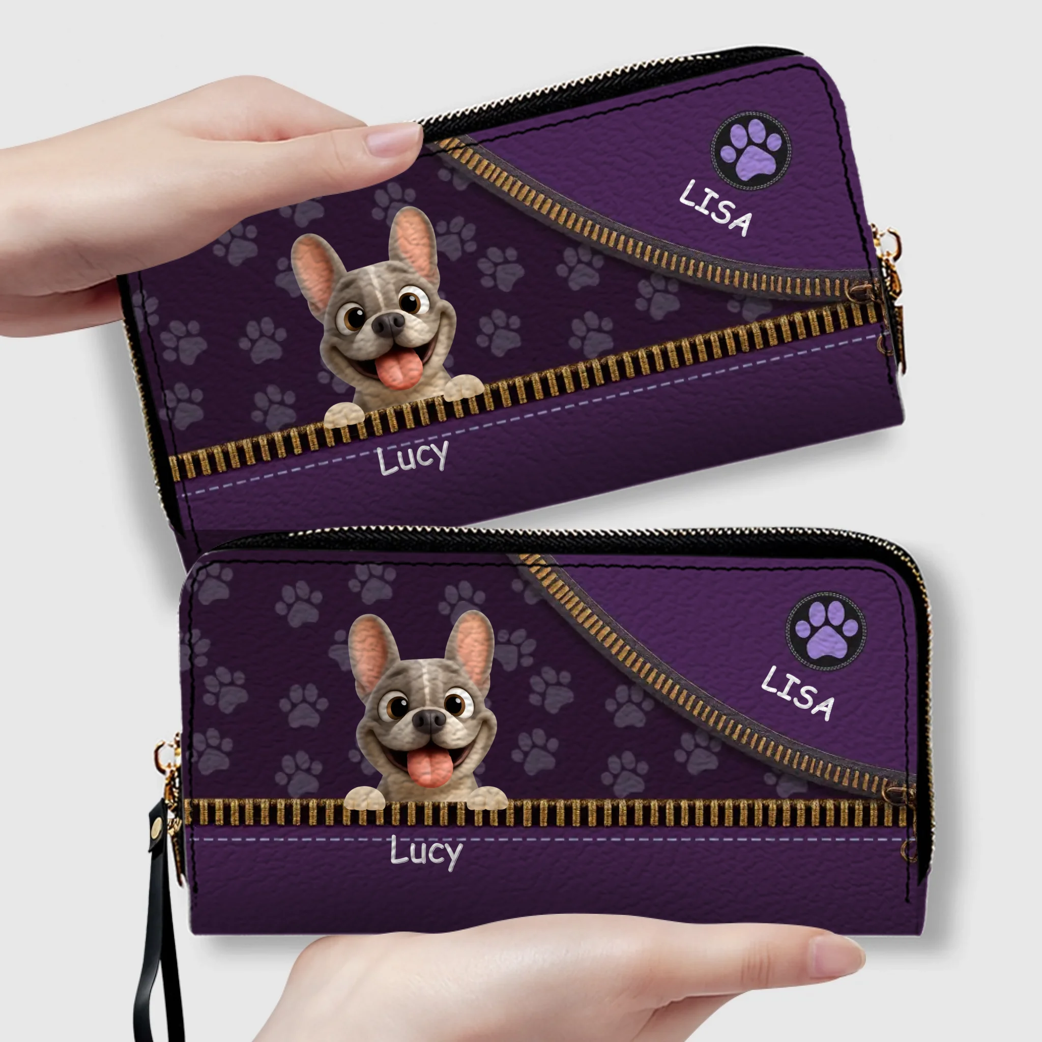 Custom French Bulldog Wallet – Purple Zipper Design Clutch For Dog Lovers