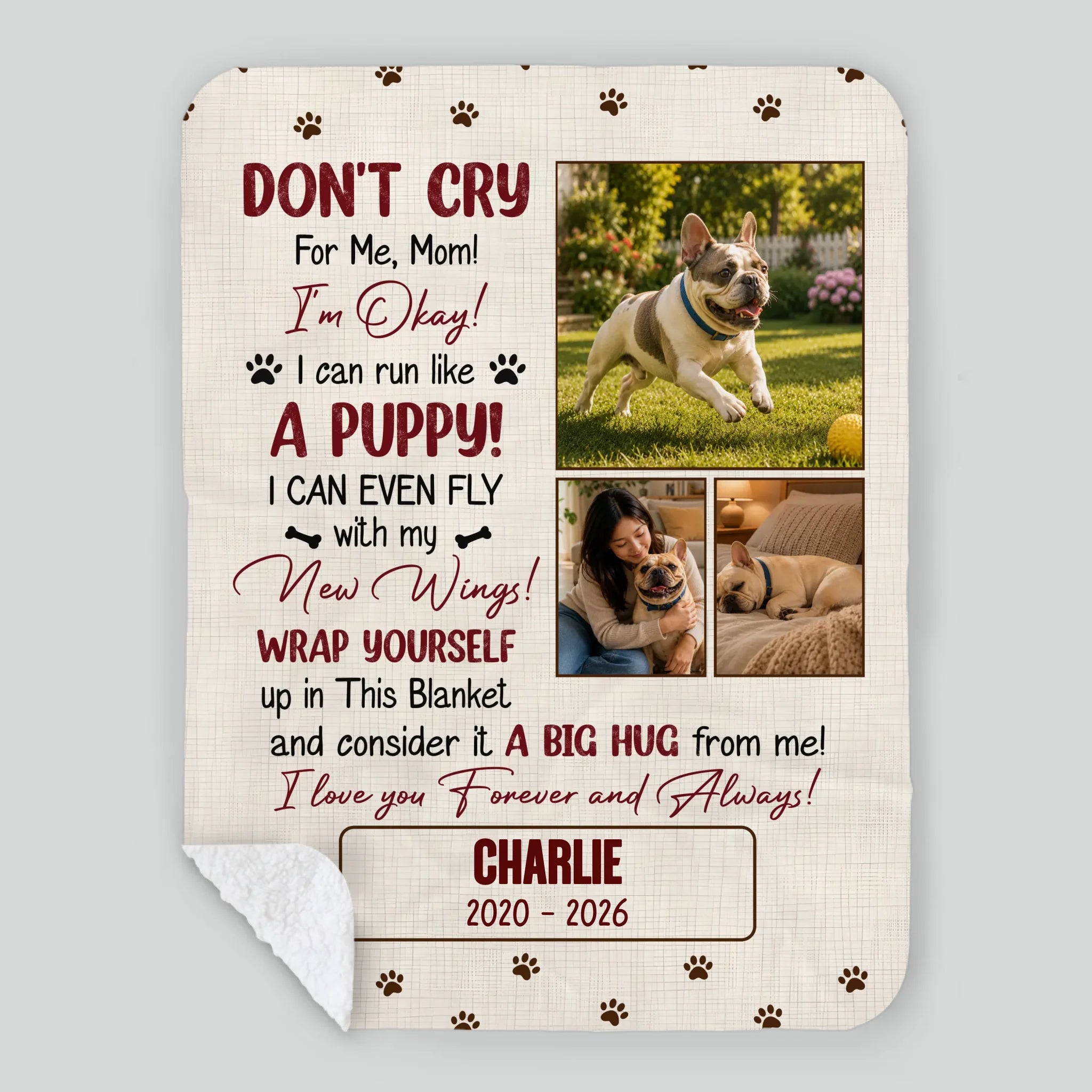 Blanket with Personalized Frenchie Photos – Don't Cry For Me Mom Memorial Gift