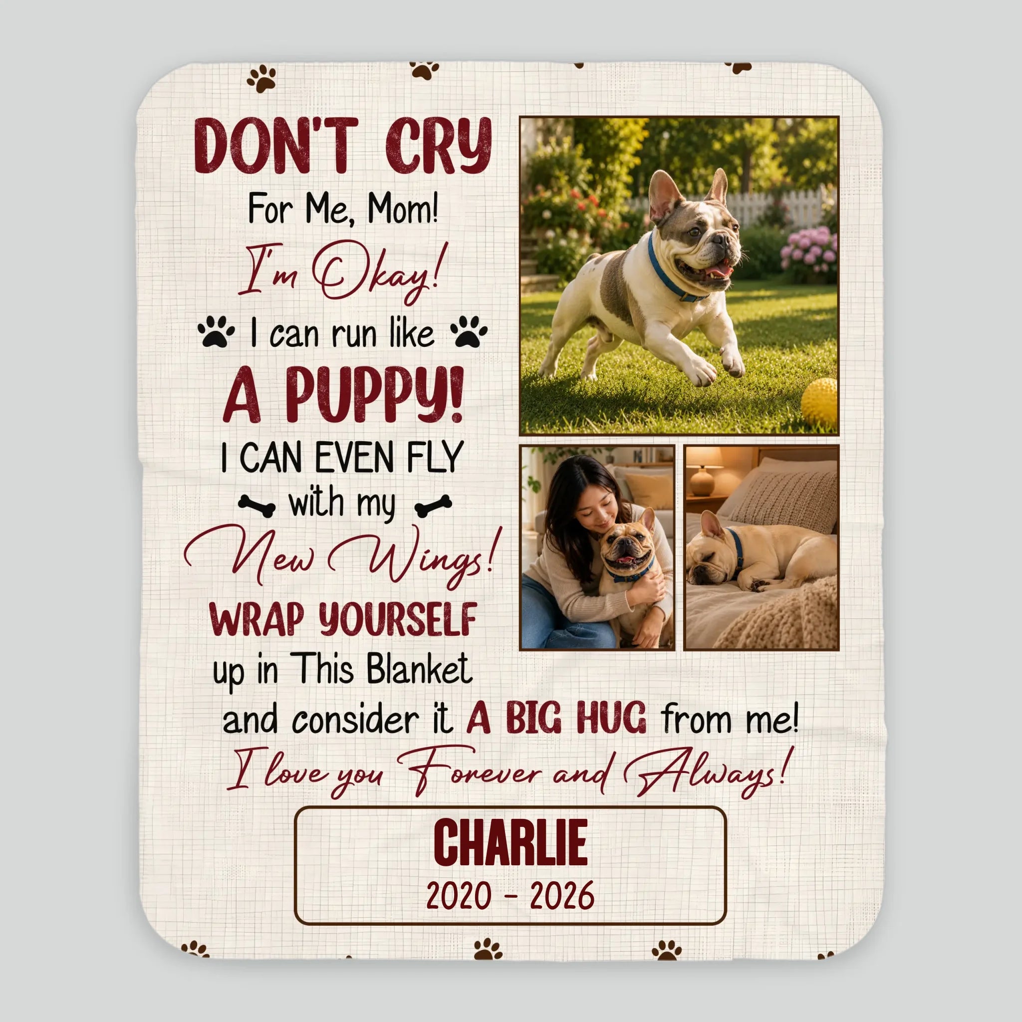 Blanket with Personalized Frenchie Photos – Don't Cry For Me Mom Memorial Gift