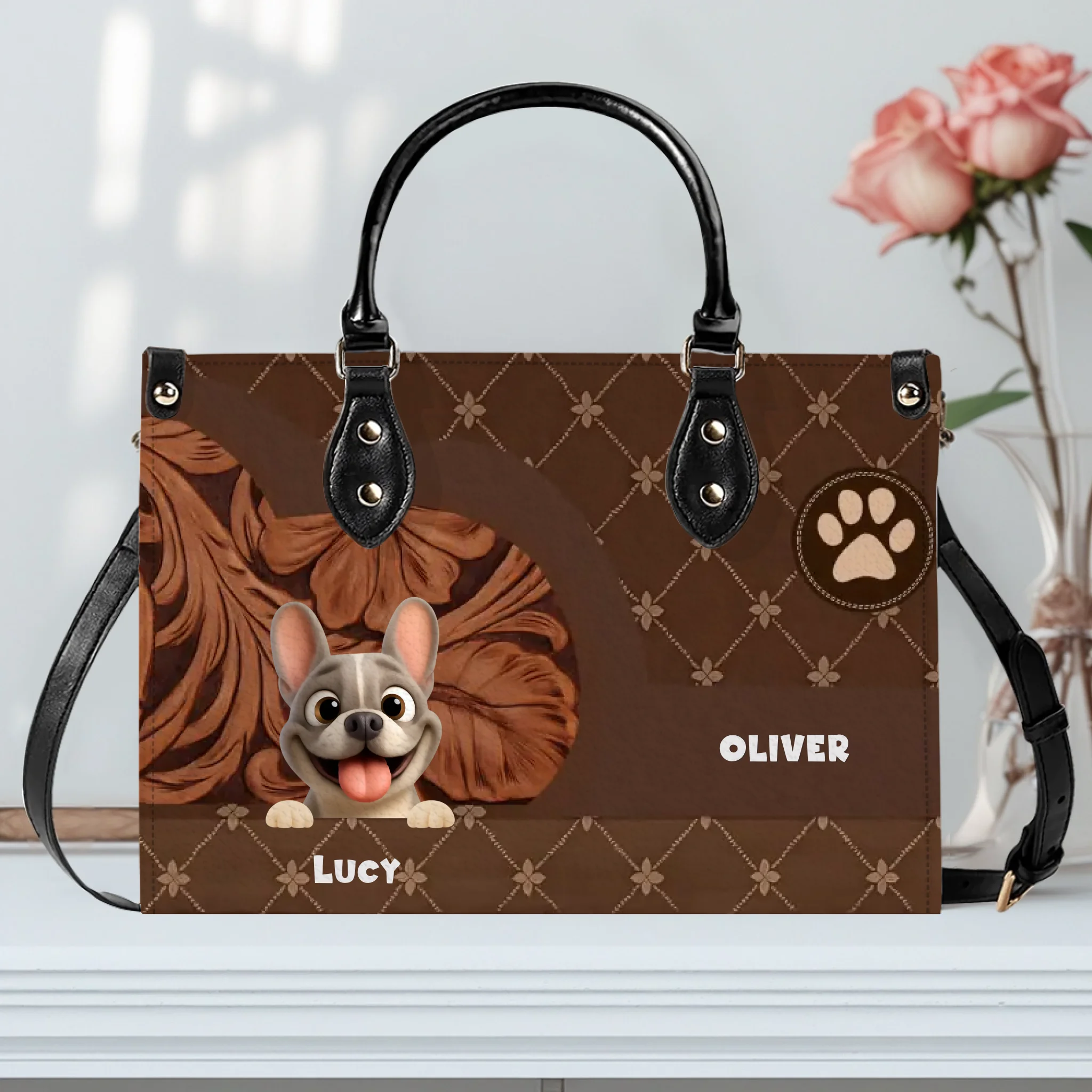 Personalized Frenchie Handbag – Classic Floral-carved Leather Gift