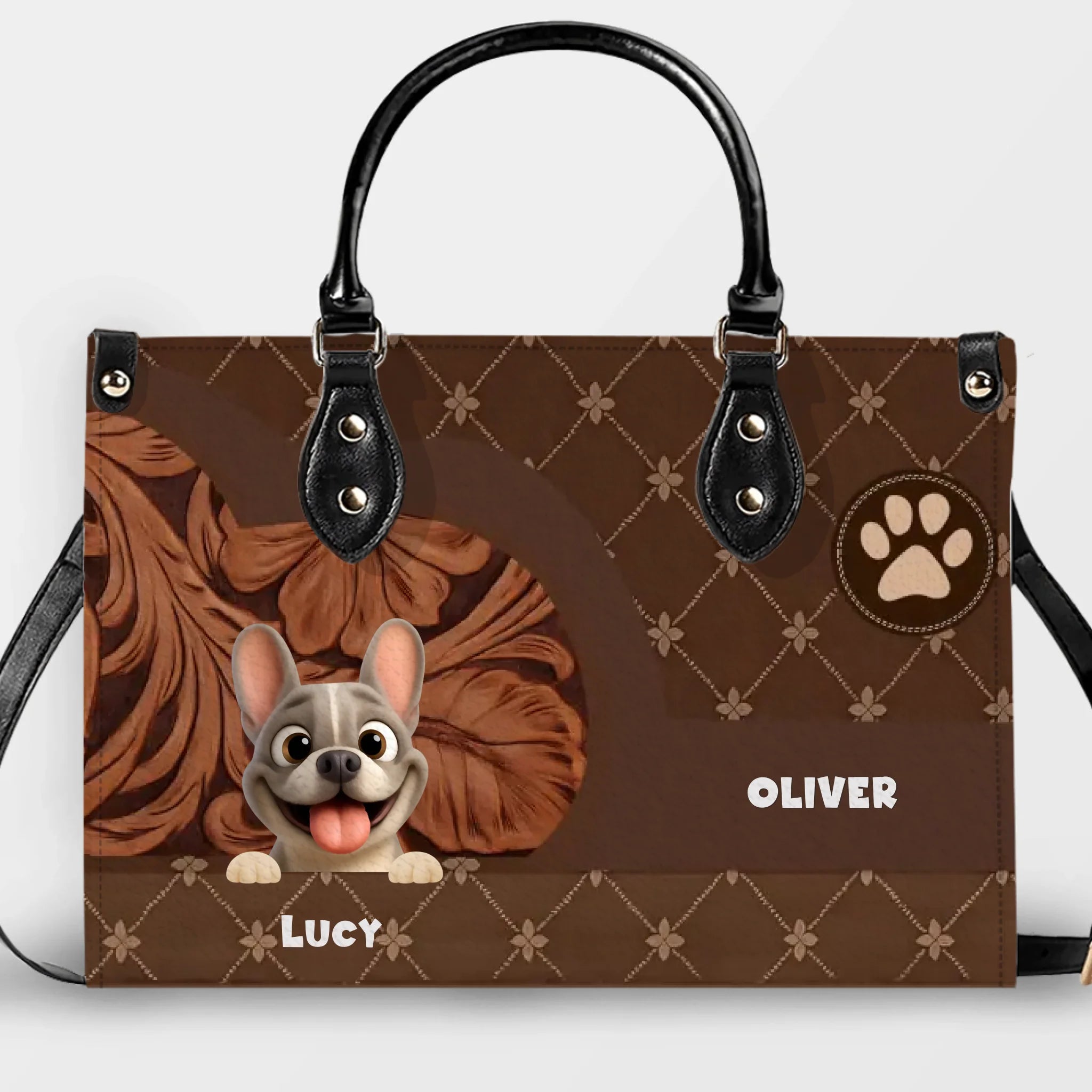 Personalized Frenchie Handbag – Classic Floral-carved Leather Gift