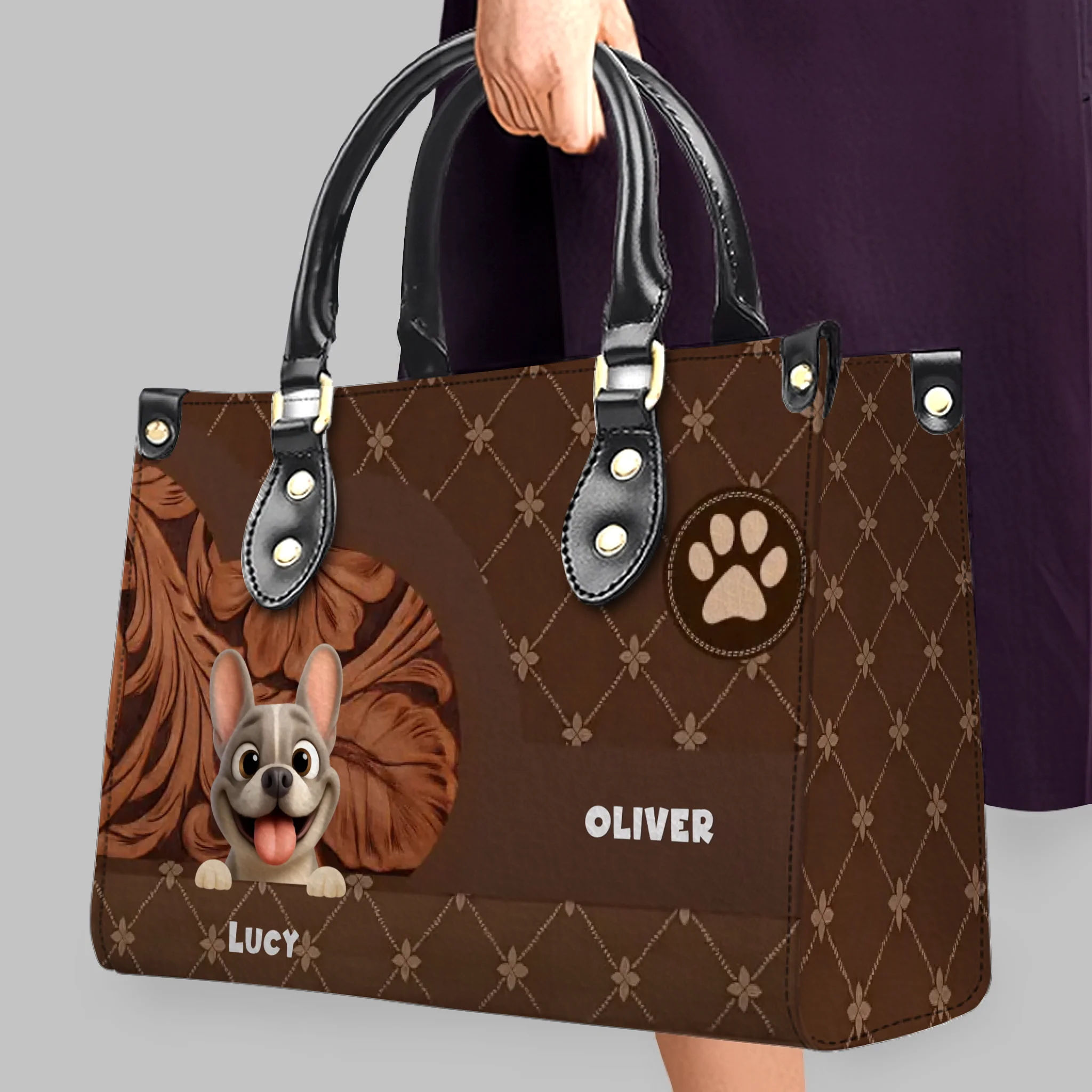 Personalized Frenchie Handbag – Classic Floral-carved Leather Gift