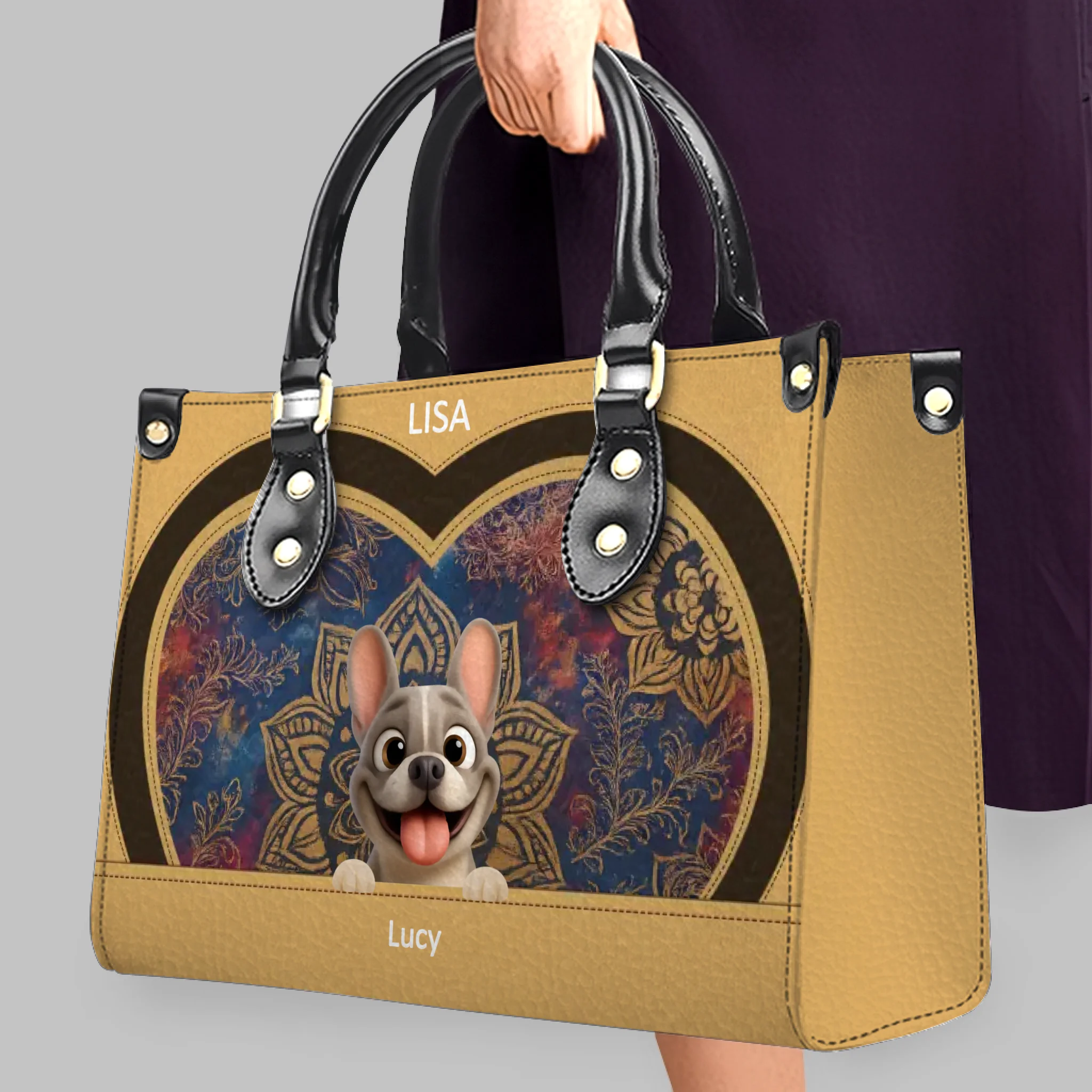 Custom French Bulldog Handbag – Mandala Heart Tan Leather For Dog Lovers