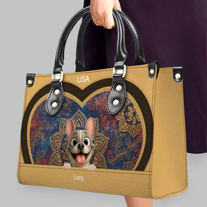 Custom French Bulldog Handbag – Mandala Heart Tan Leather For Dog Lovers