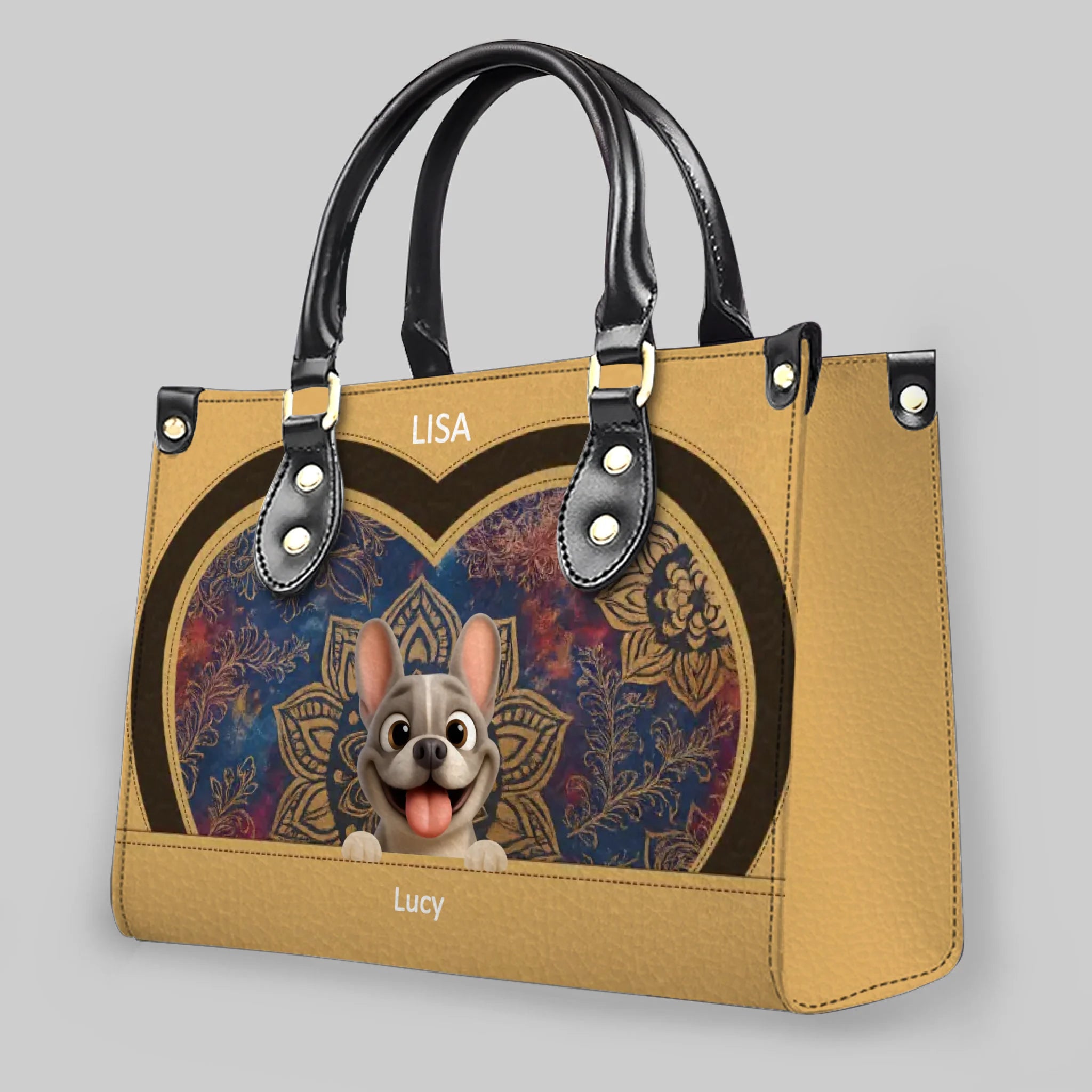 Custom French Bulldog Handbag – Mandala Heart Tan Leather For Dog Lovers
