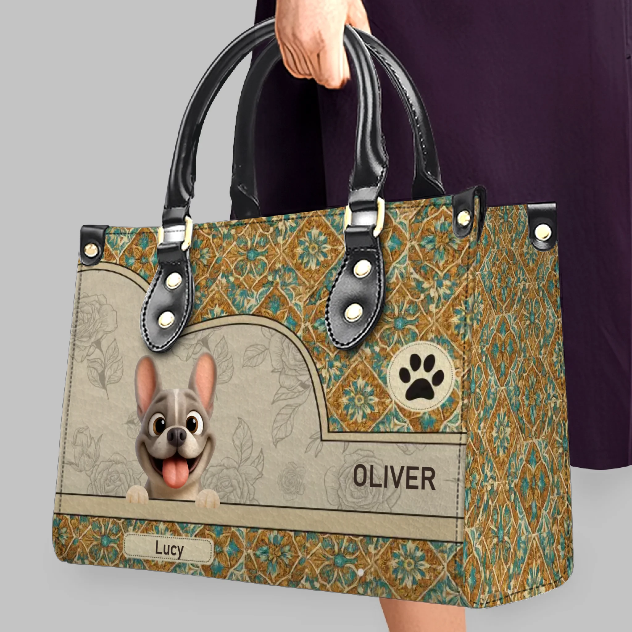 Handbag with Personalized Frenchie For Dog Lovers – Vintage Mosaic Tile Floral Purse