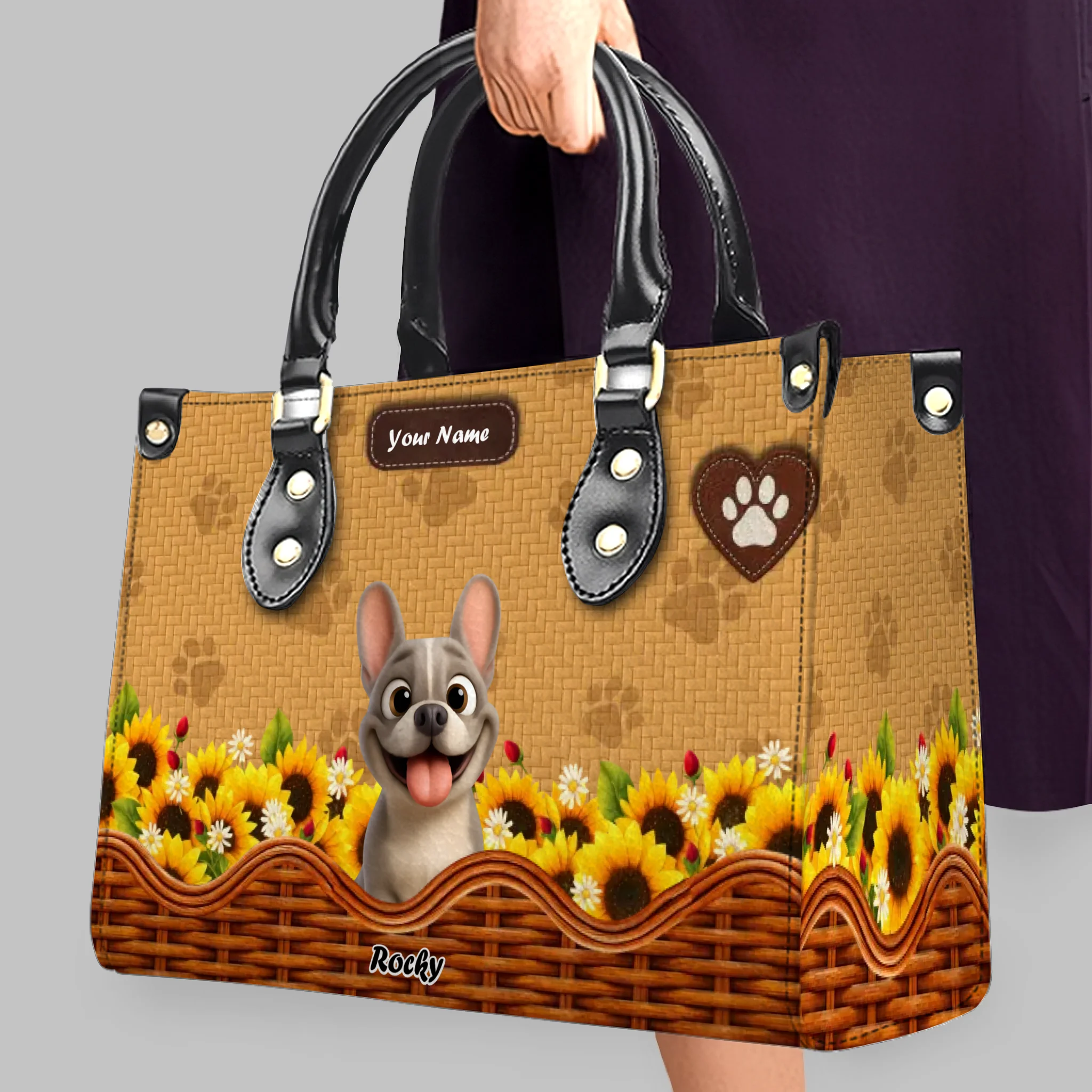 Customized Frenchie Leather Handbag – Sunflower Basket Dog Mom Gift