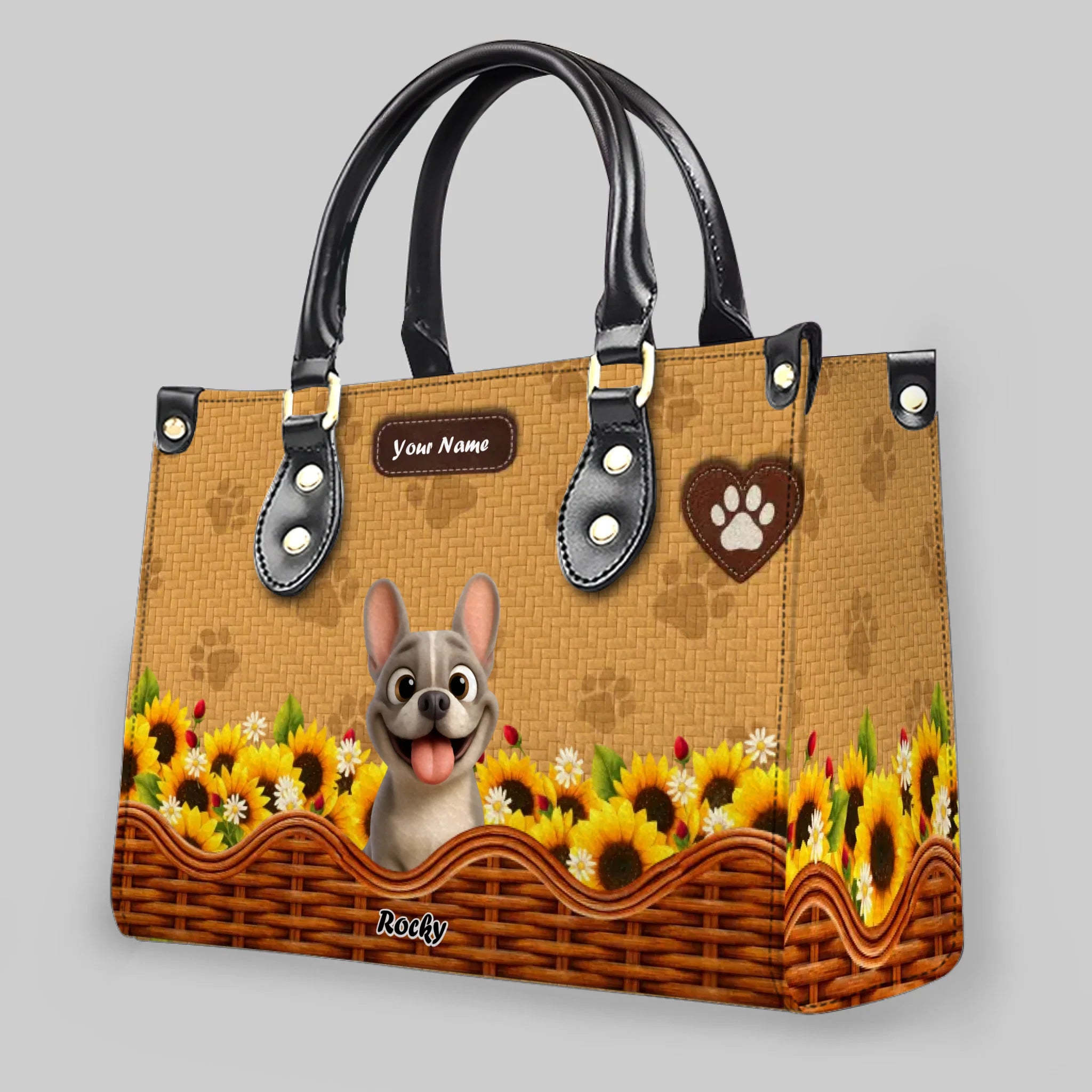 Customized Frenchie Leather Handbag – Sunflower Basket Dog Mom Gift