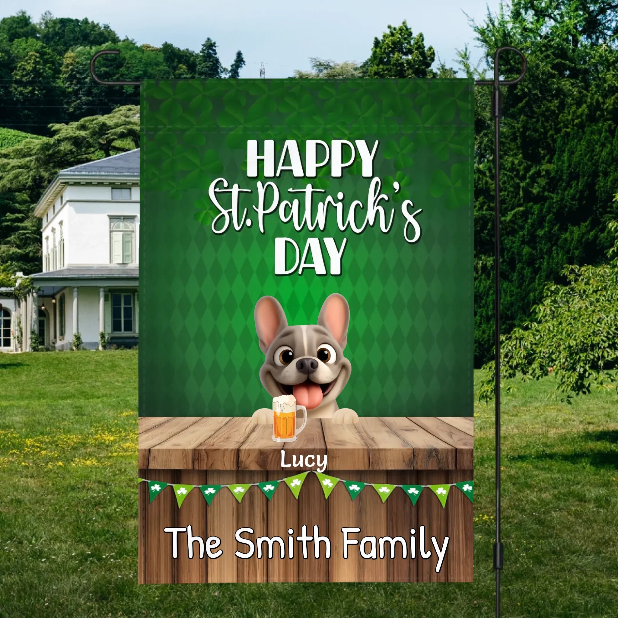 Customized French Bulldog Garden Flag - Happy St. Patrick's Day Dog Sign