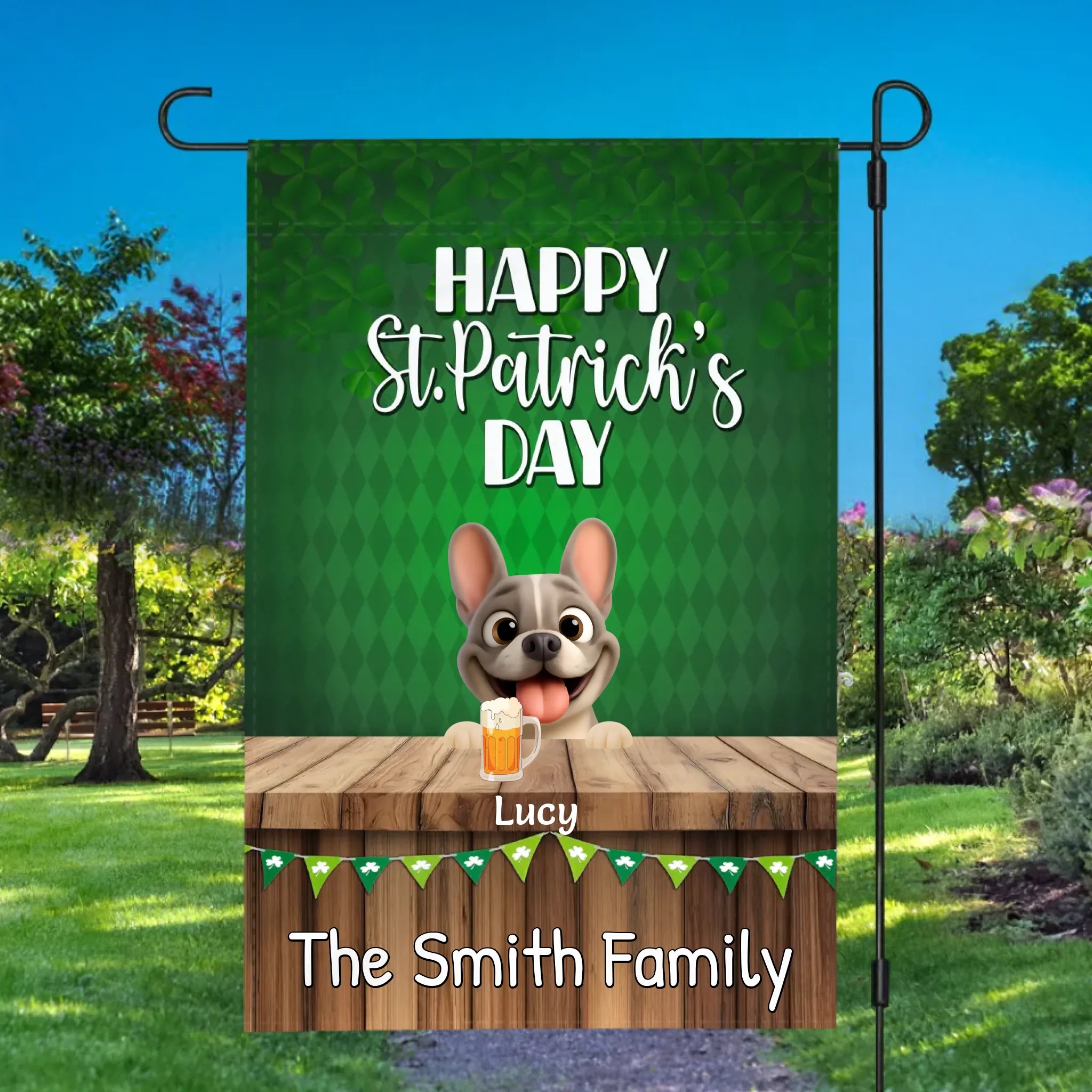 Customized French Bulldog Garden Flag - Happy St. Patrick's Day Dog Sign