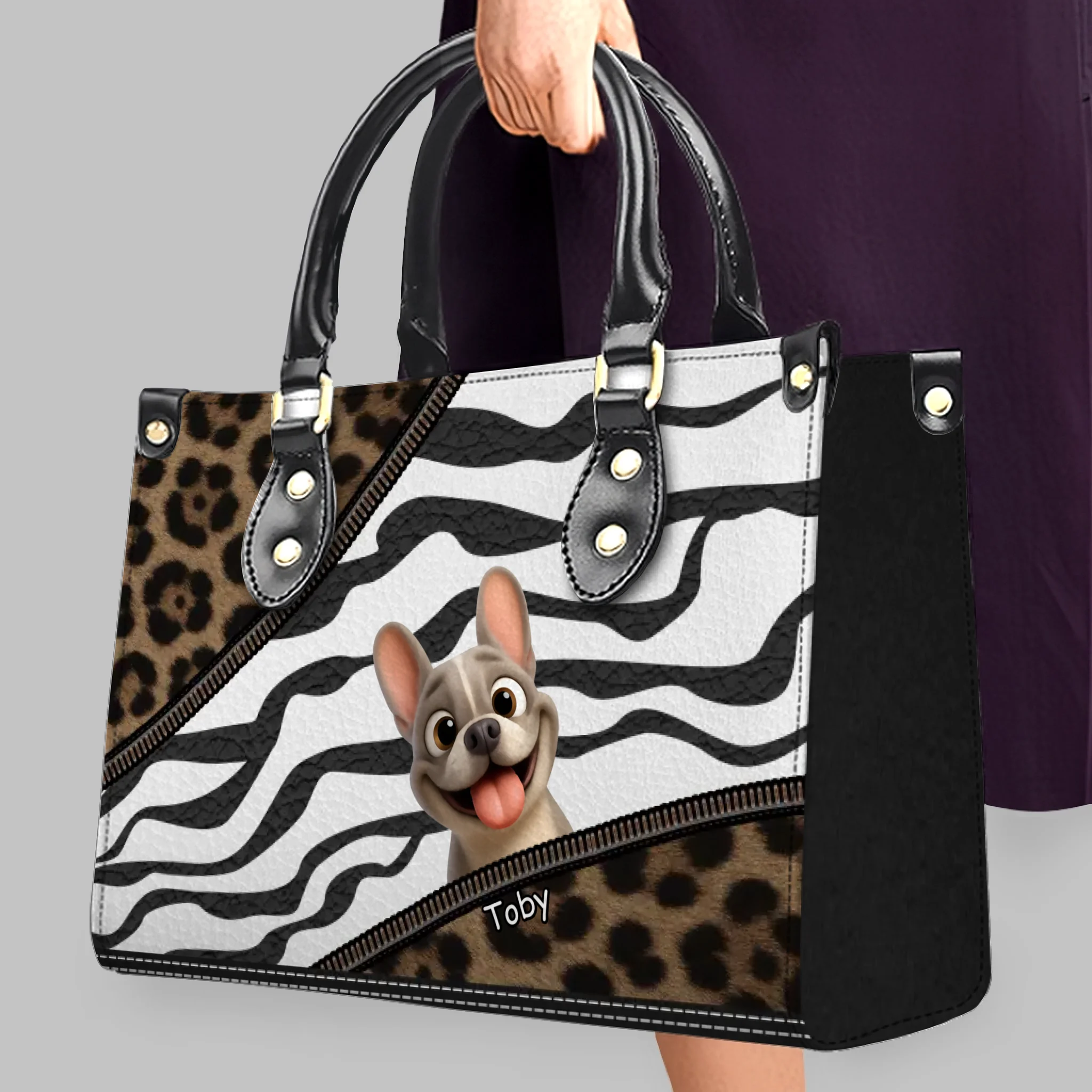 Personalized Frenchie Leopard Zebra Print Handbag – Custom Name Dog Mom Bag