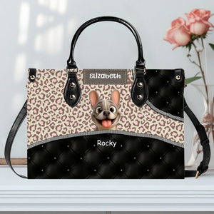 Personalized Frenchie Fashion Leather Handbag – Leopard Pink and Black Quilted