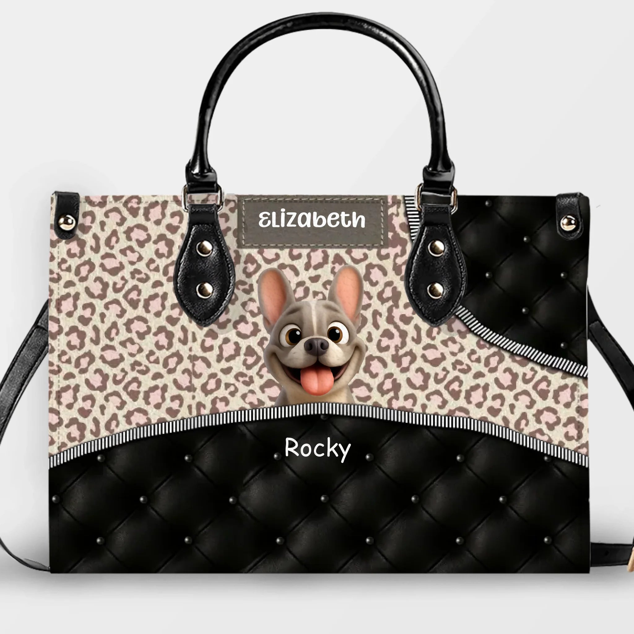Personalized Frenchie Fashion Leather Handbag – Leopard Pink and Black Quilted