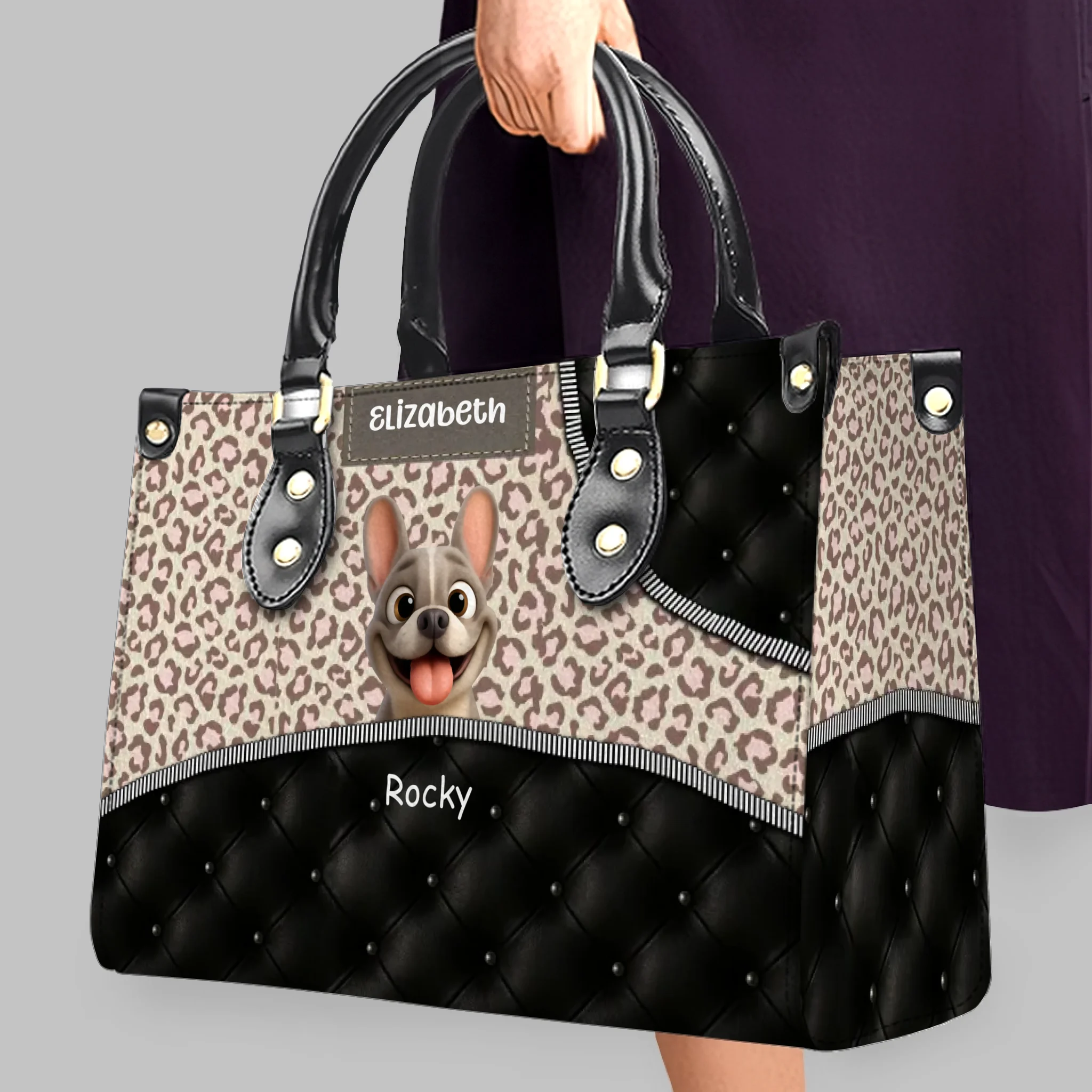 Personalized Frenchie Fashion Leather Handbag – Leopard Pink and Black Quilted