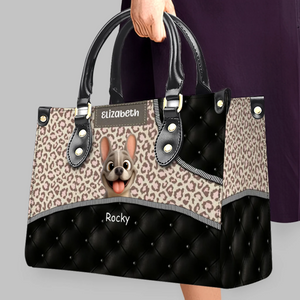 Personalized Frenchie Fashion Leather Handbag – Leopard Pink and Black Quilted