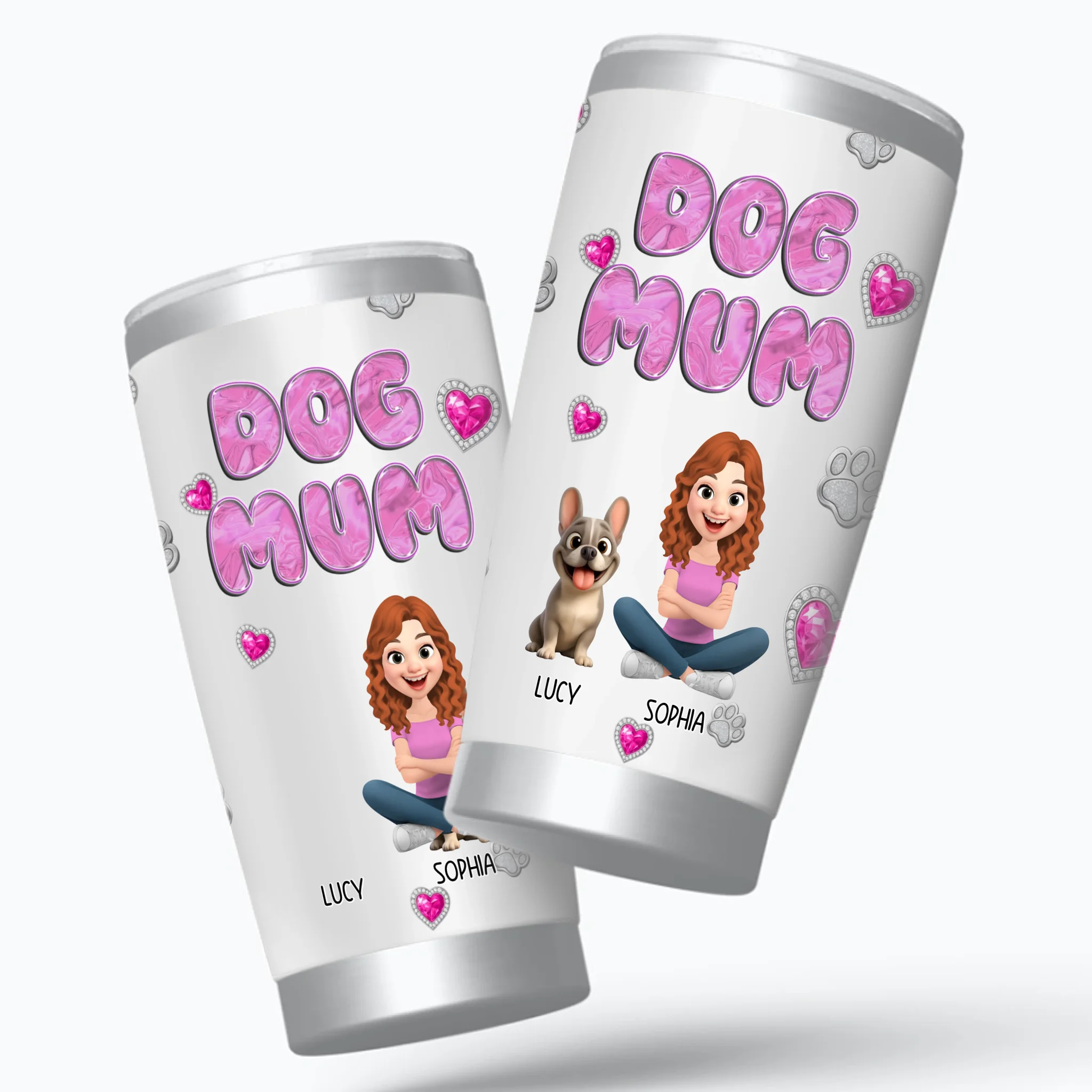 Cutsom Frenchie Dog Mum Tumbler – Cute Glitter Hearts Custom Name Gift
