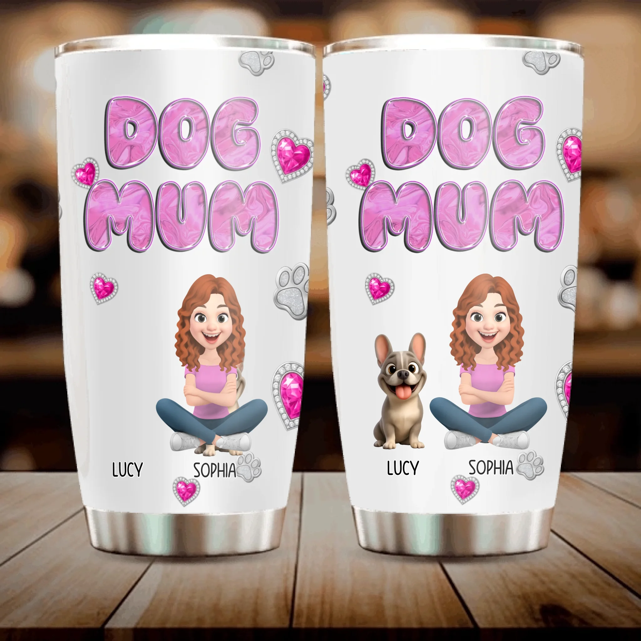 Cutsom Frenchie Dog Mum Tumbler – Cute Glitter Hearts Custom Name Gift