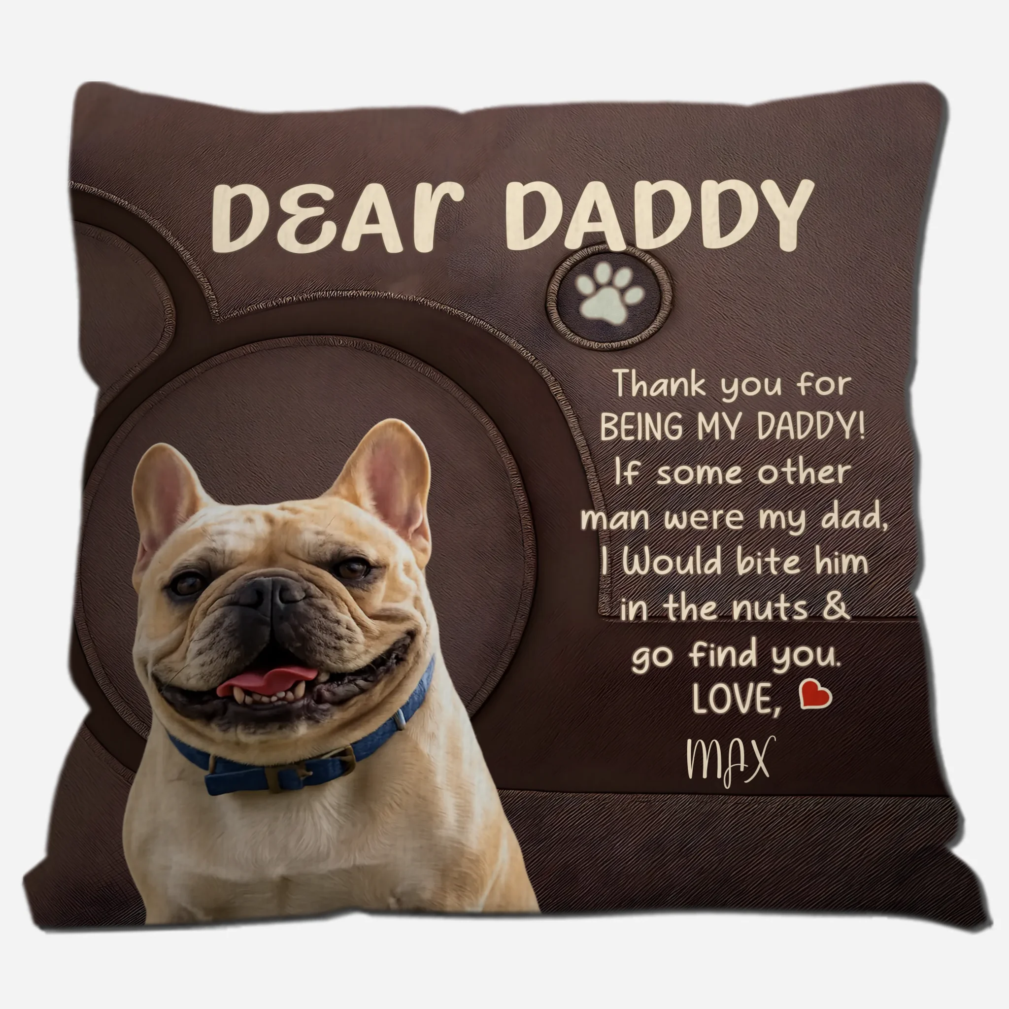 Customized French Bulldog Pillow for Dad – Brown Faux Leather Texture Gift