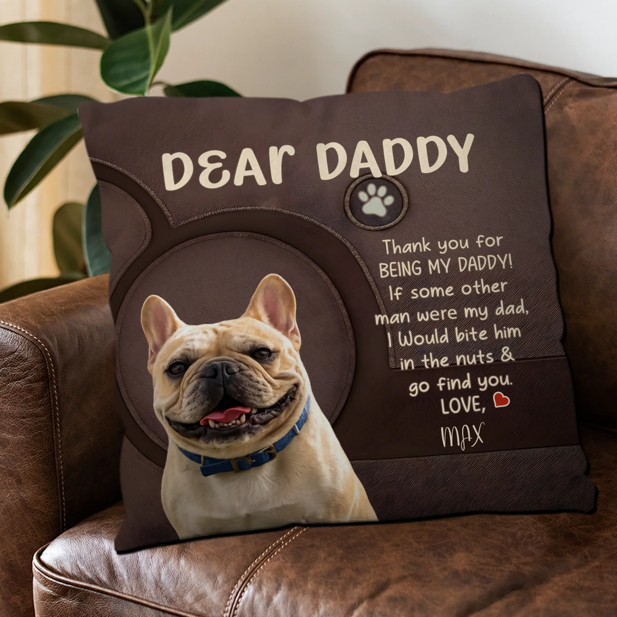 Customized French Bulldog Pillow for Dad – Brown Faux Leather Texture Gift