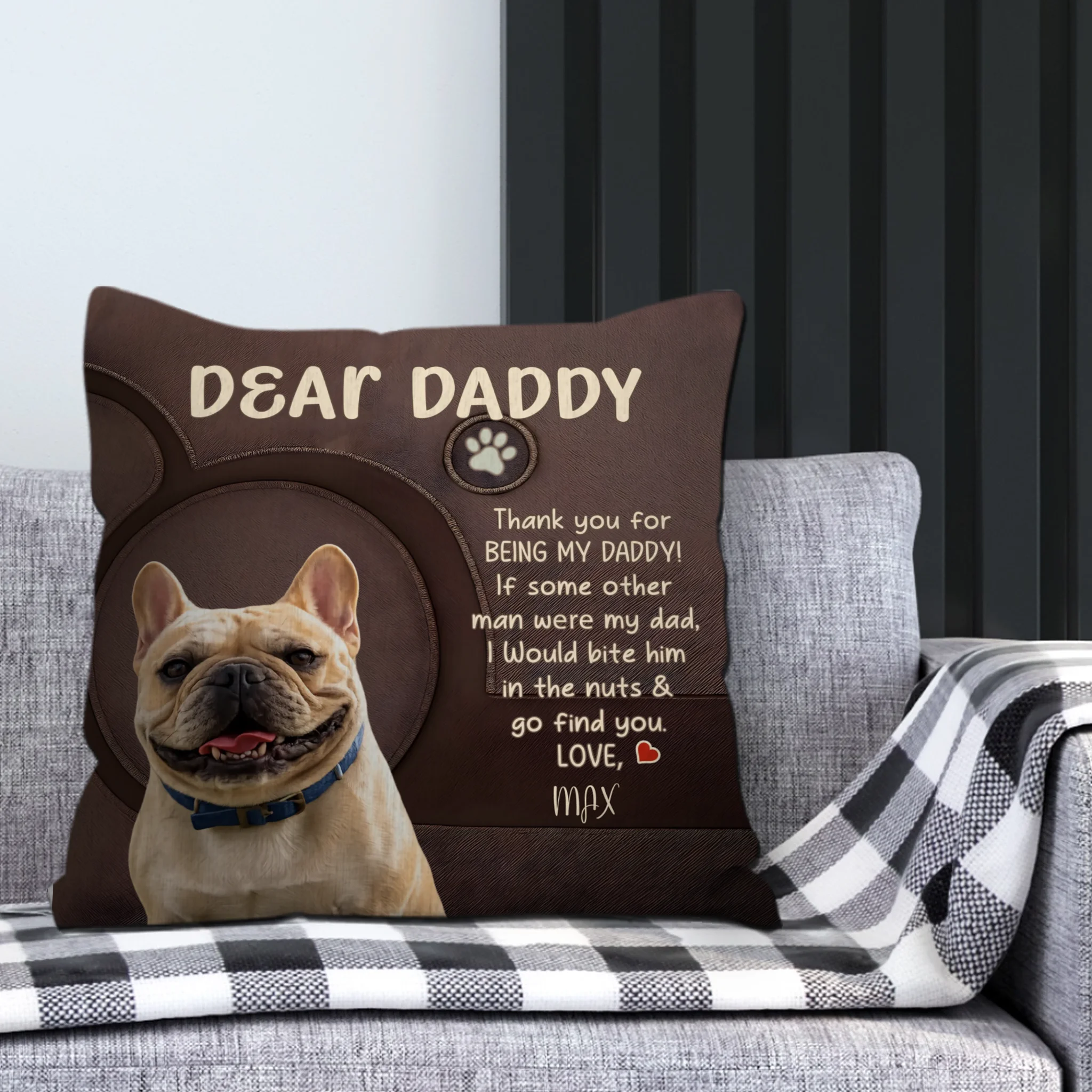 Customized French Bulldog Pillow for Dad – Brown Faux Leather Texture Gift