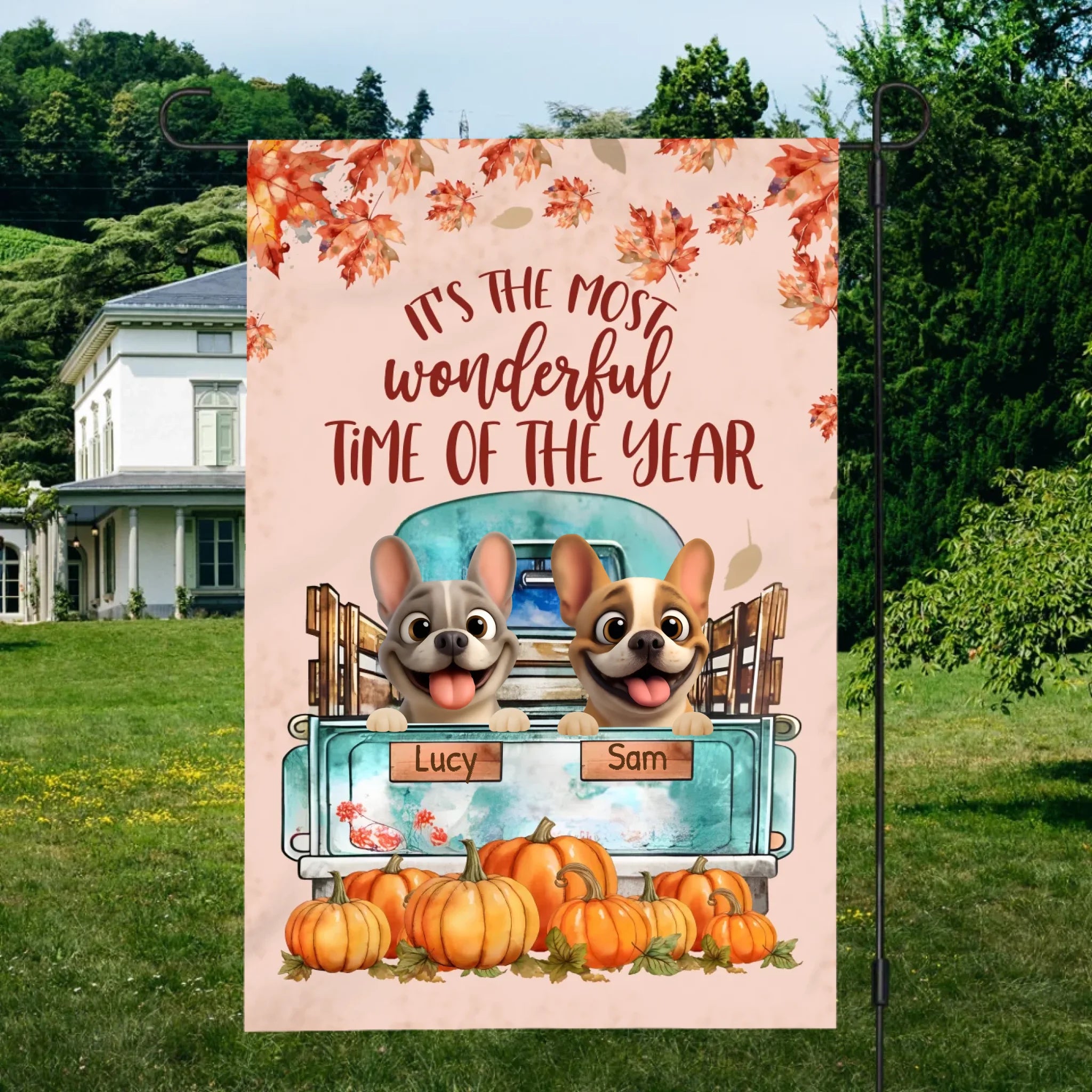 Custom Frenchie Fall Garden Flag – Vintage Truck & Pumpkins Autumn
