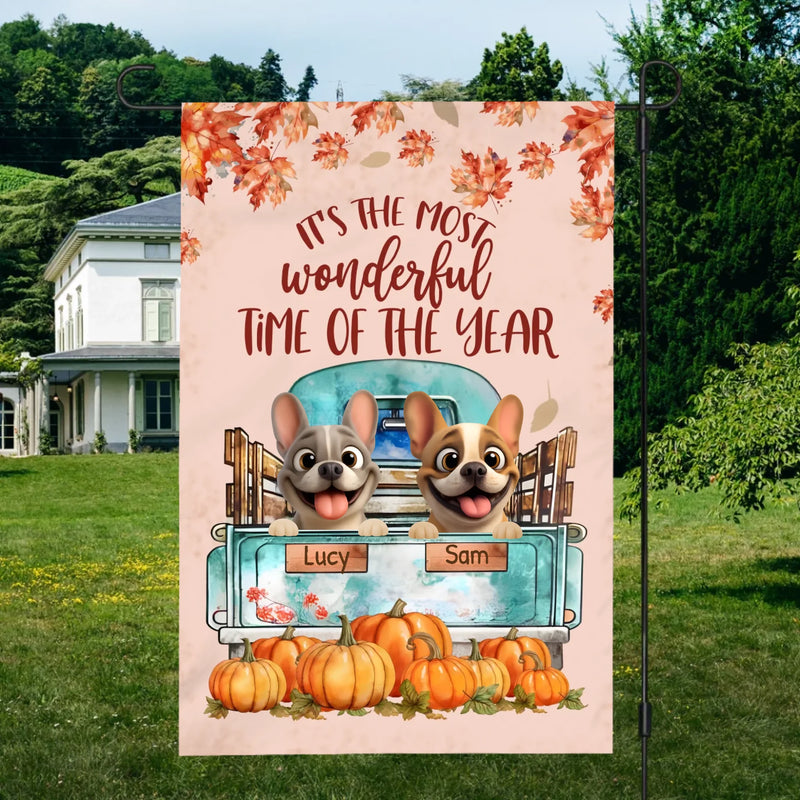 Custom Frenchie Fall Garden Flag – Vintage Truck & Pumpkins Autumn