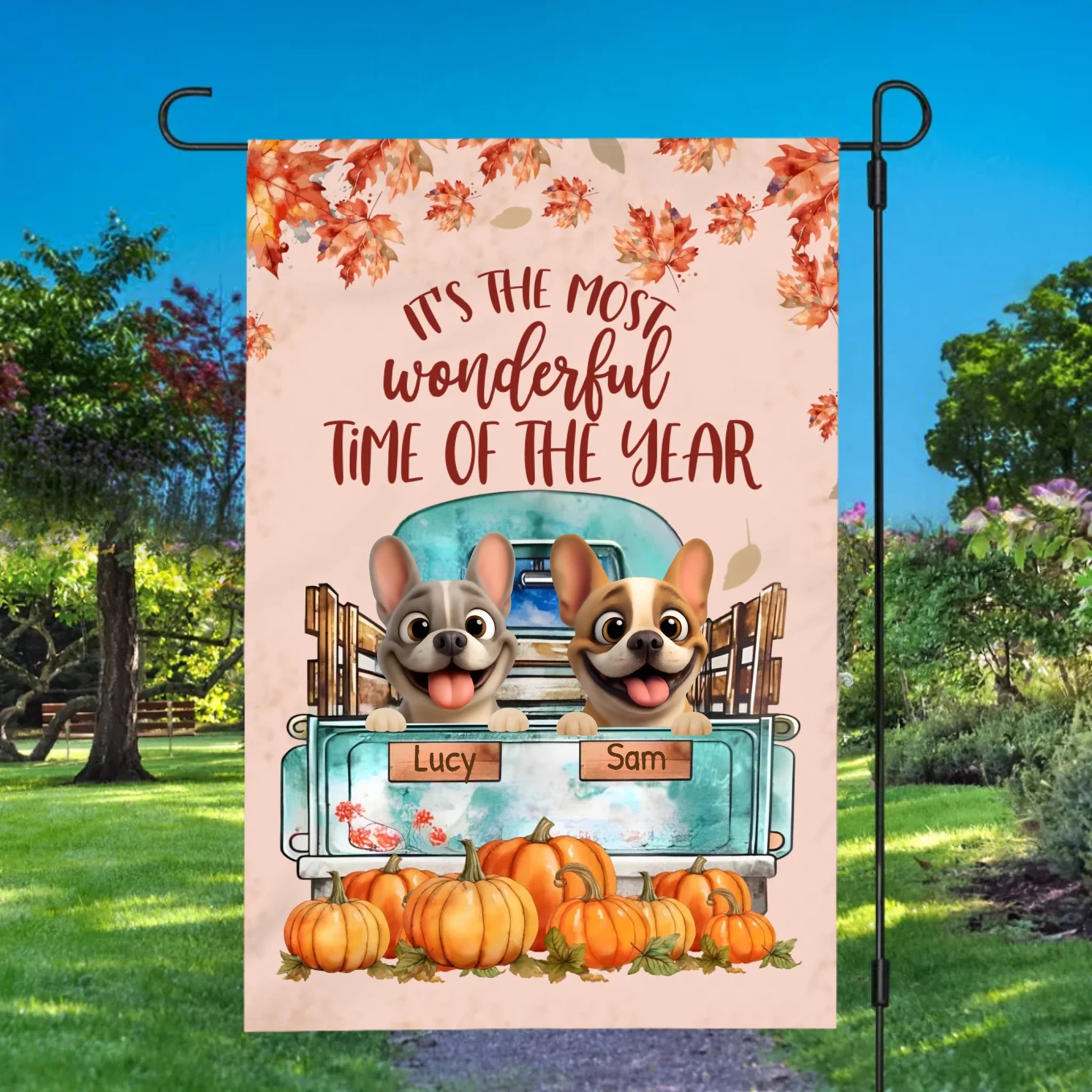 Custom Frenchie Fall Garden Flag – Vintage Truck & Pumpkins Autumn