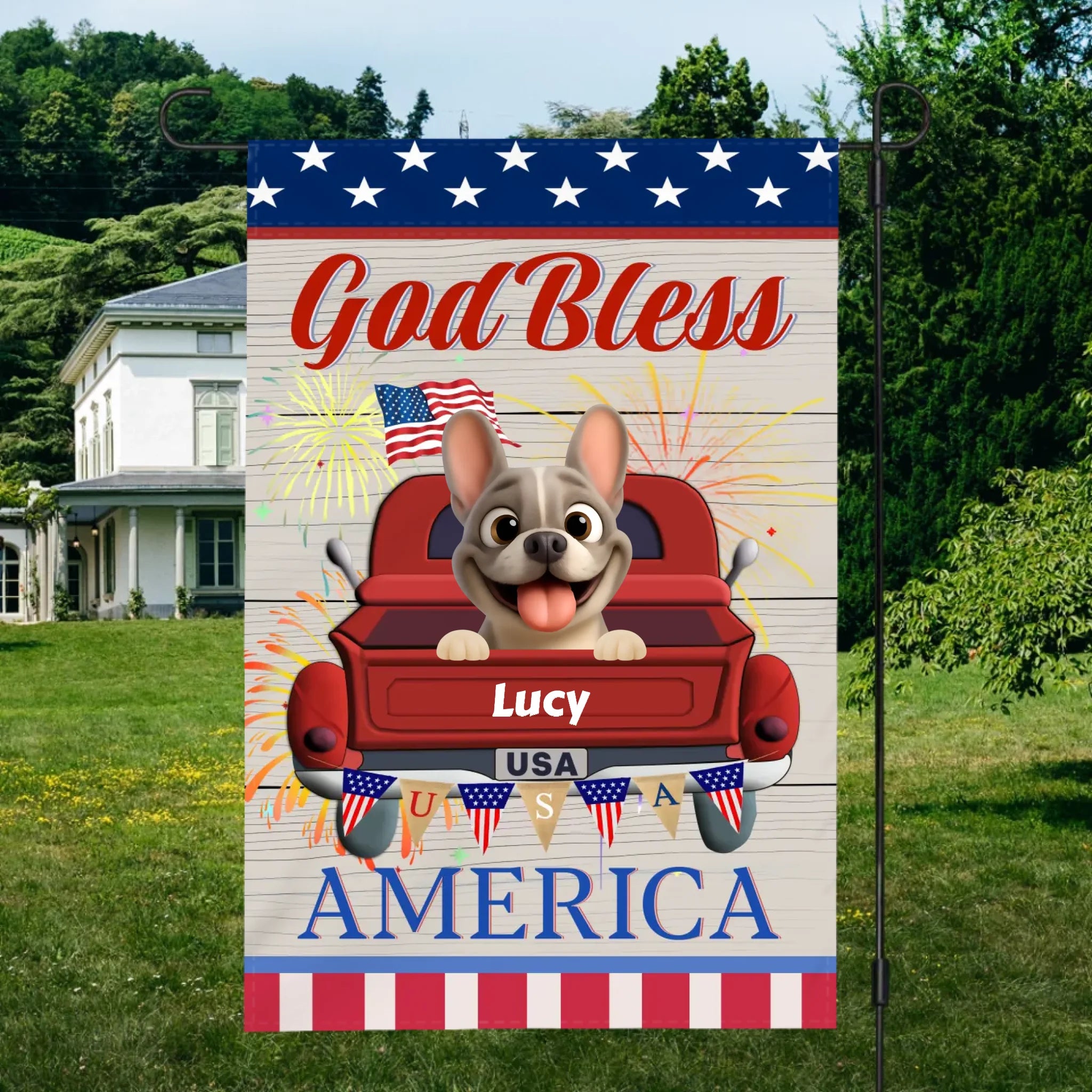 Bespoke French Bulldog Flag – Vintage God Bless America Red Truck For Dog Lovers