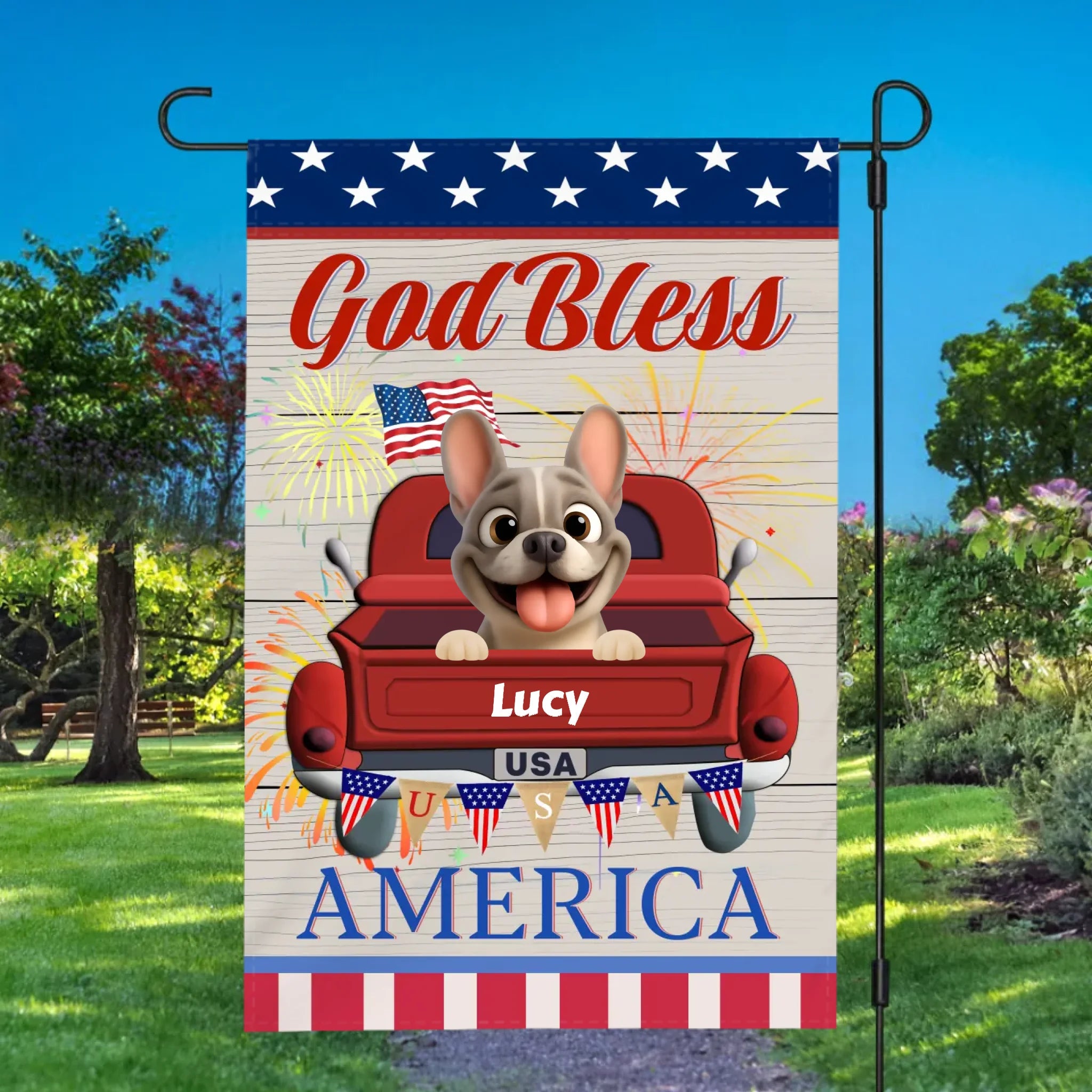 Bespoke French Bulldog Flag – Vintage God Bless America Red Truck For Dog Lovers