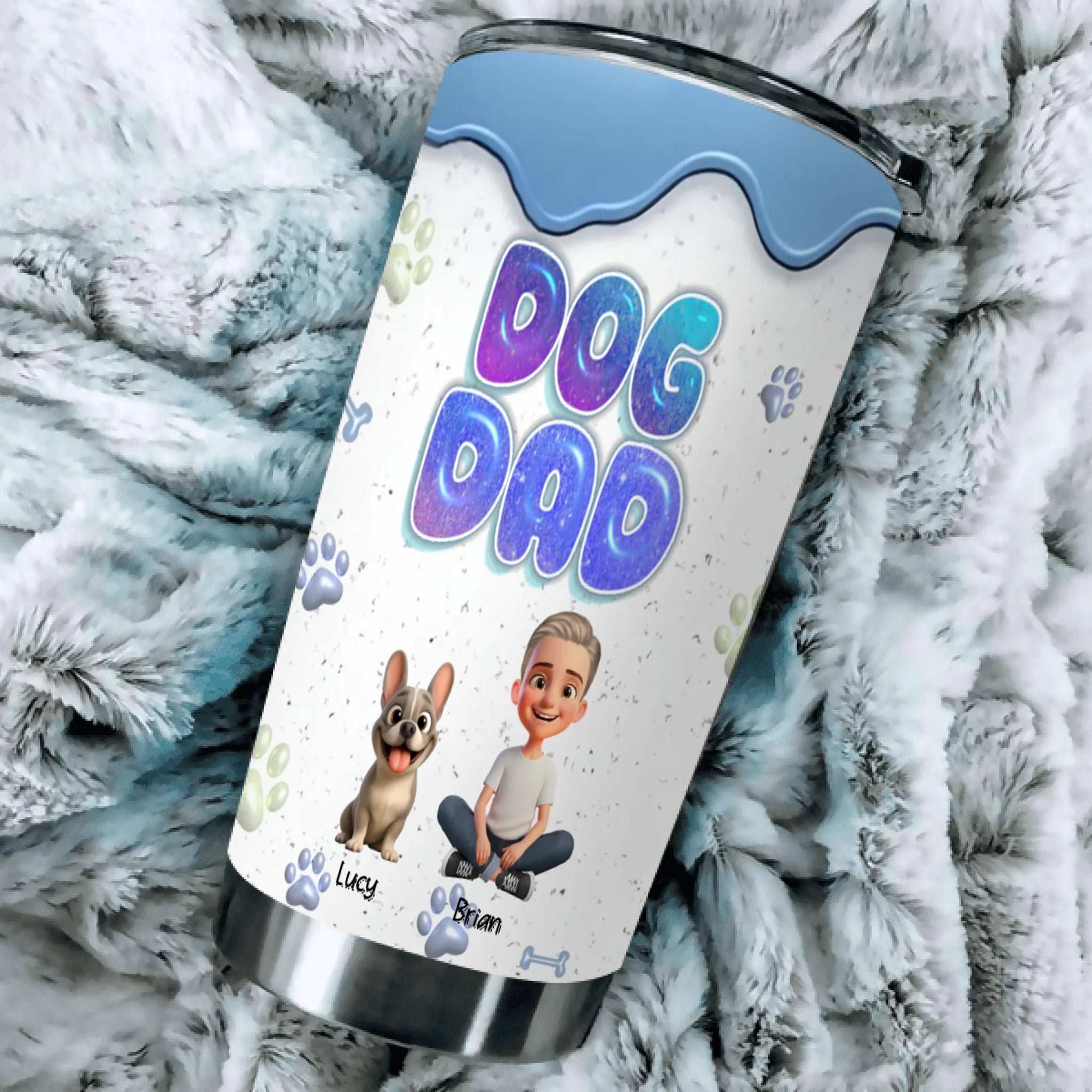 Custom Frenchie Dog Dad Tumbler – 3D Bubble Text Blue Drip Insulated Cup