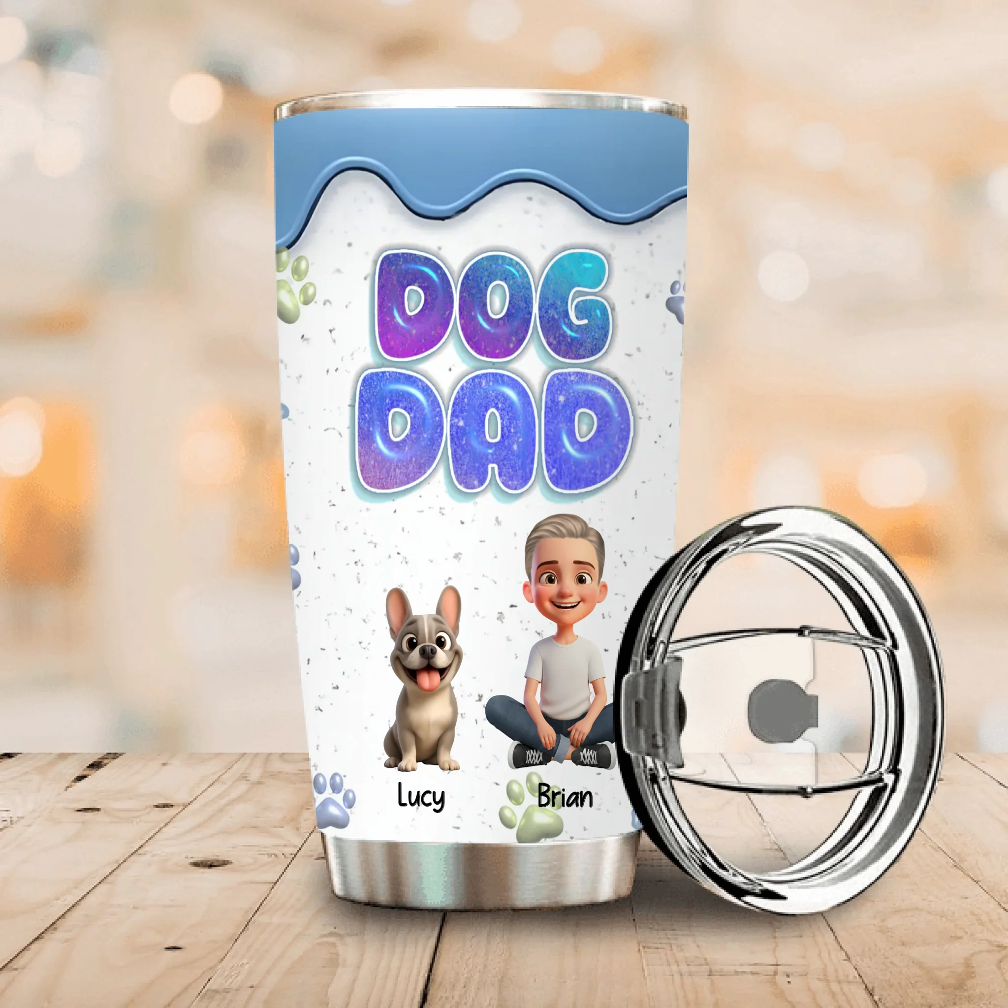 Custom Frenchie Dog Dad Tumbler – 3D Bubble Text Blue Drip Insulated Cup