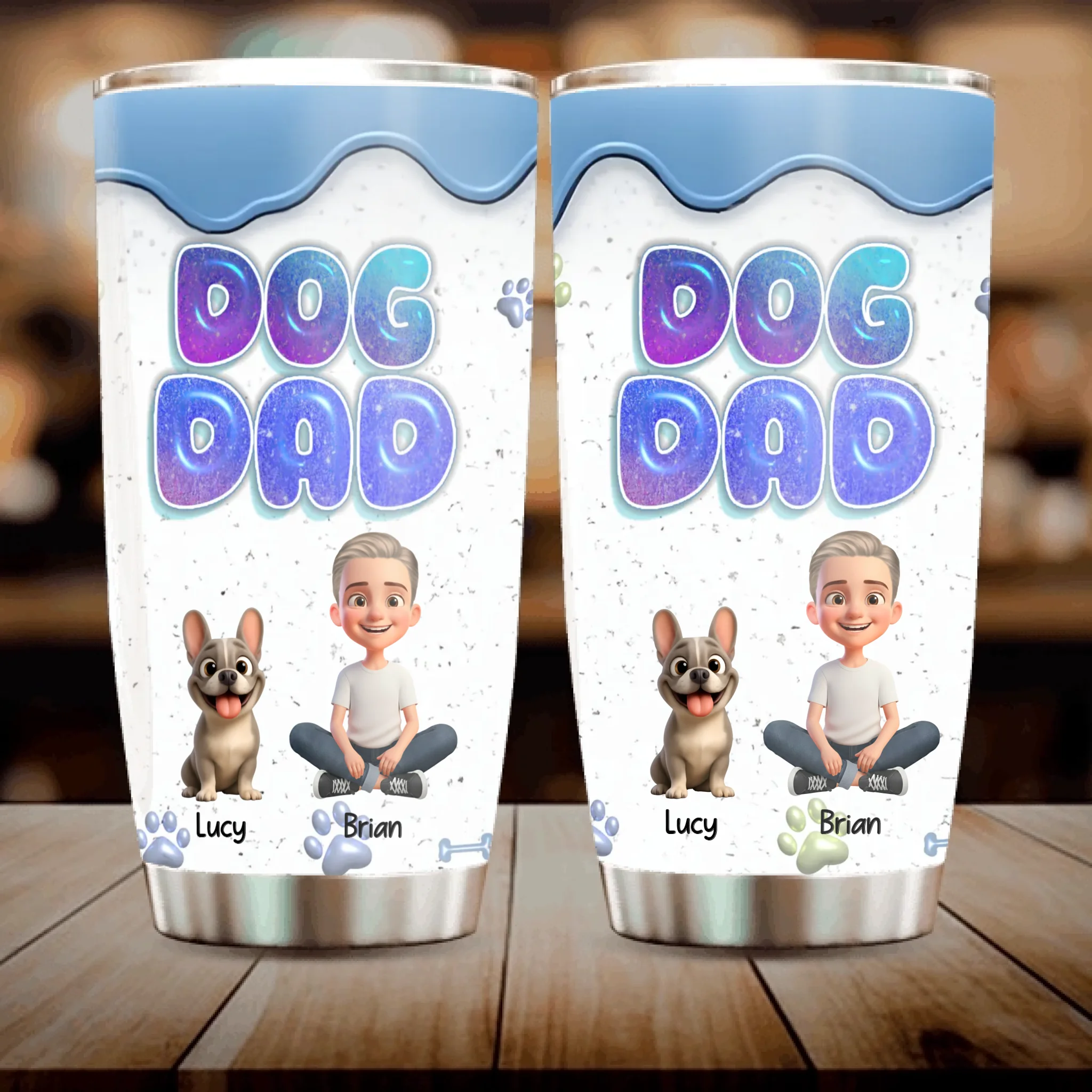 Custom Frenchie Dog Dad Tumbler – 3D Bubble Text Blue Drip Insulated Cup