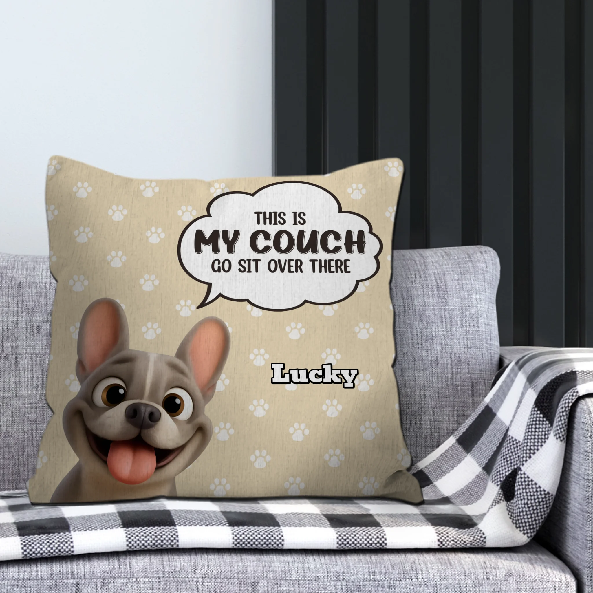 Customized French Bulldog Go Sit Over There Pillow – Cute Paw Prints Pattern Decor