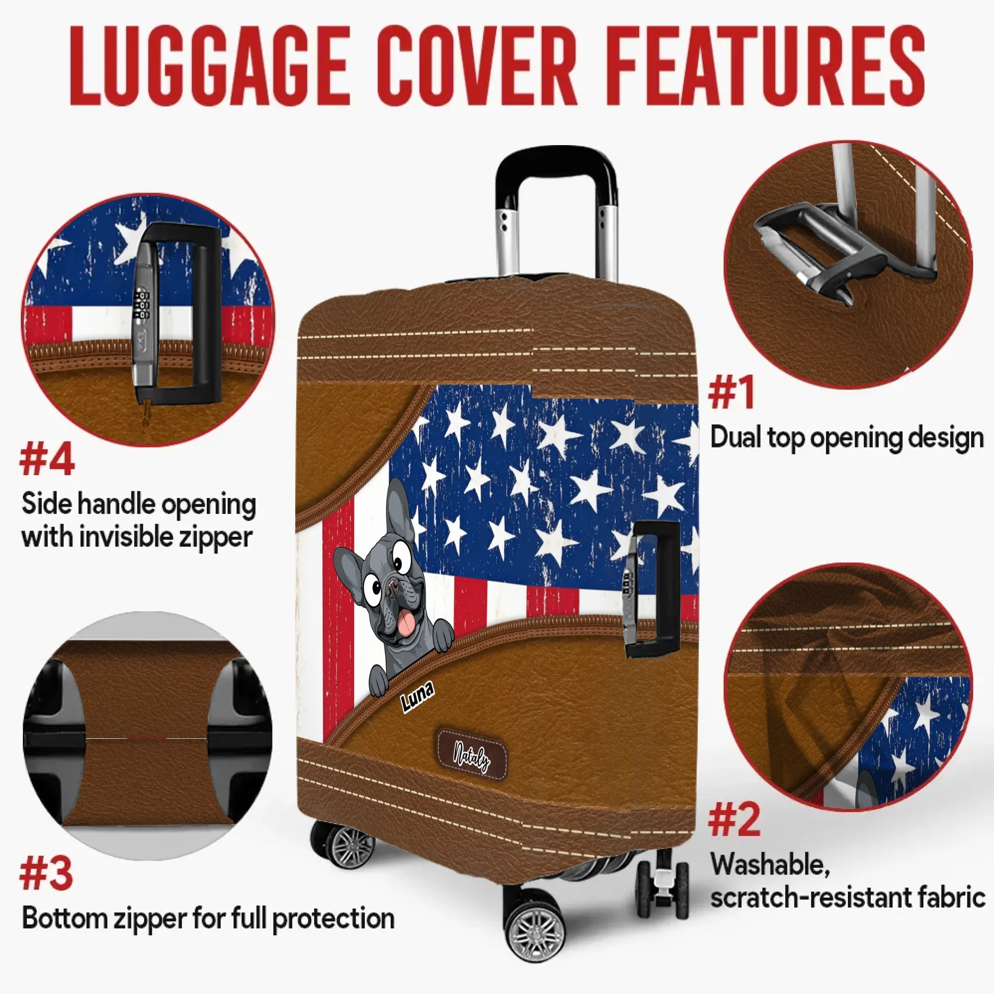 Bespoke French Bulldog US Flag Luggage Cover – Personalized Vintage Travel Gift