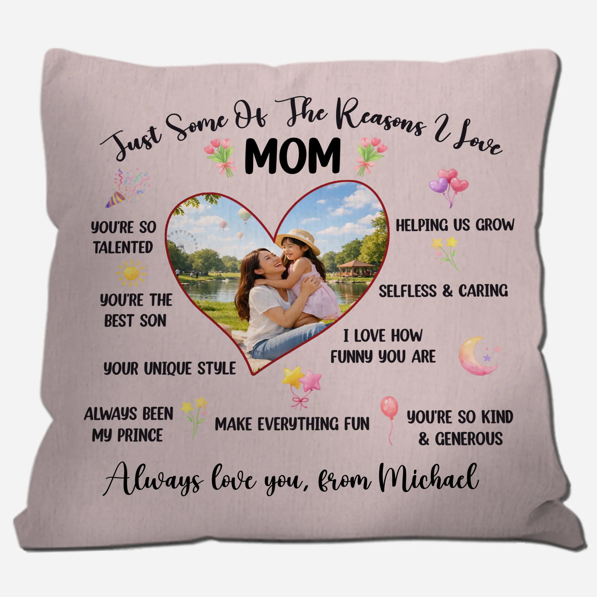 Reasons I Love Mom Custom Photo Pillow – Personalized Heart Shape Gift For Mother