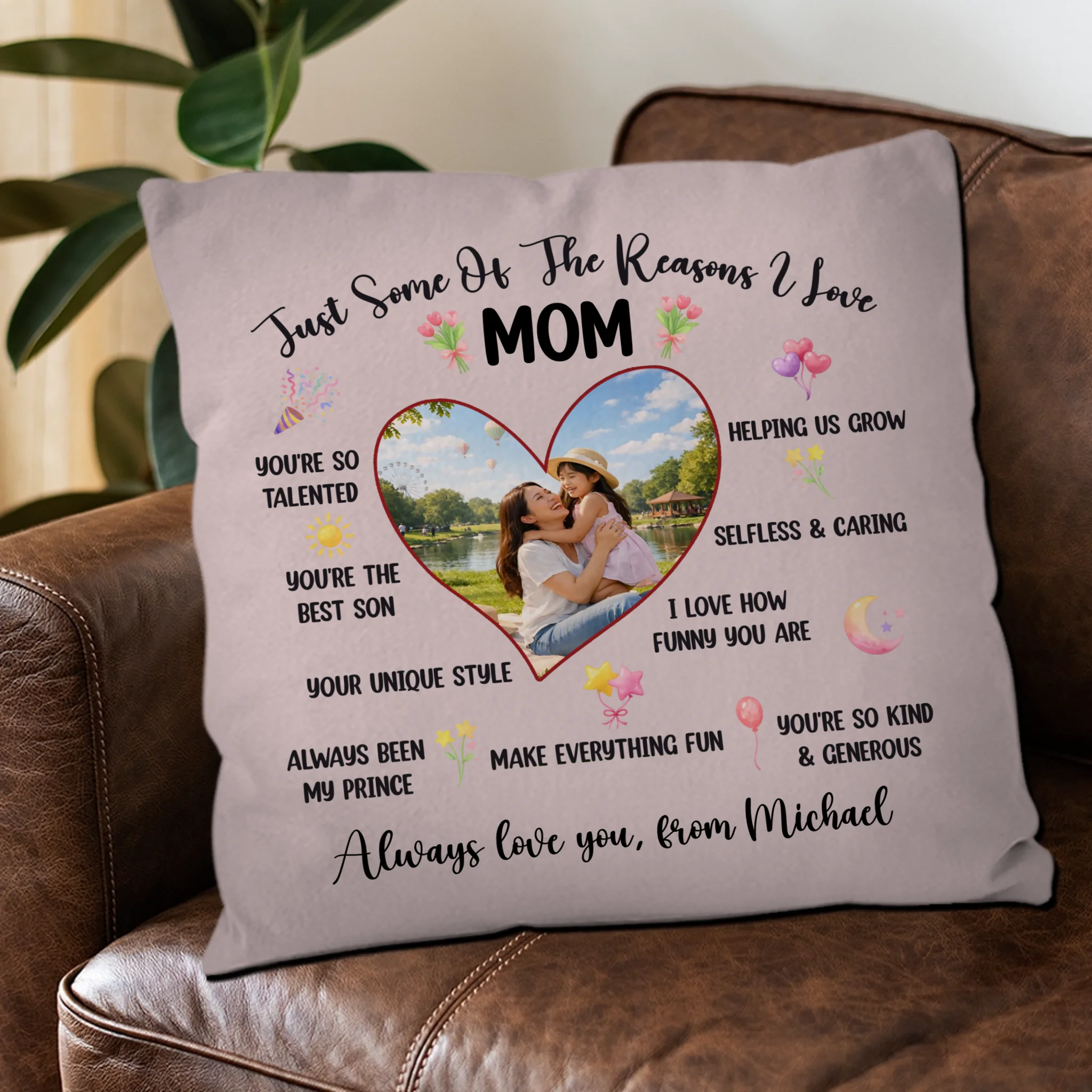 Reasons I Love Mom Custom Photo Pillow – Personalized Heart Shape Gift For Mother