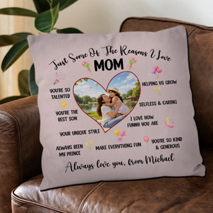 Reasons I Love Mom Custom Photo Pillow – Personalized Heart Shape Gift For Mother