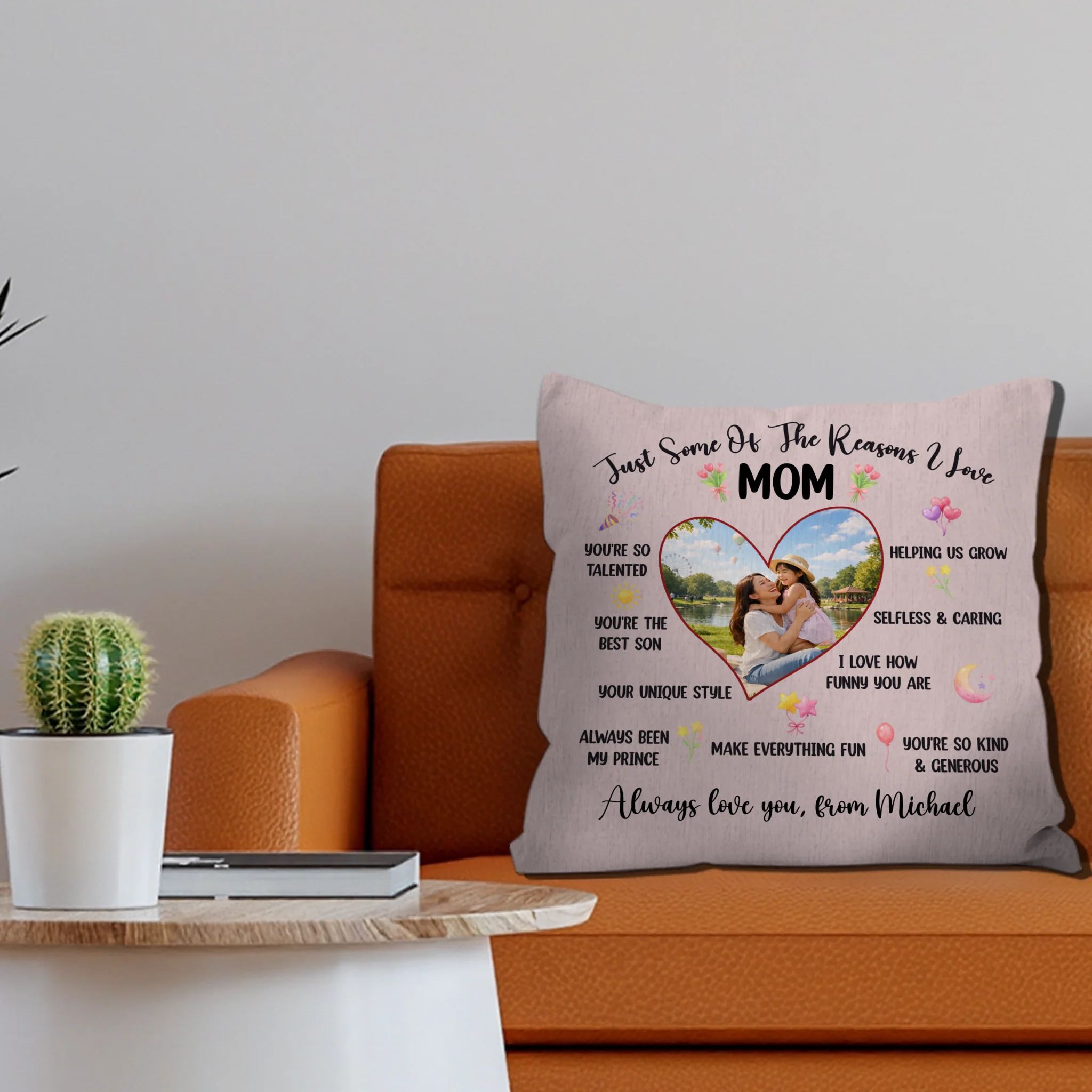 Reasons I Love Mom Custom Photo Pillow – Personalized Heart Shape Gift For Mother