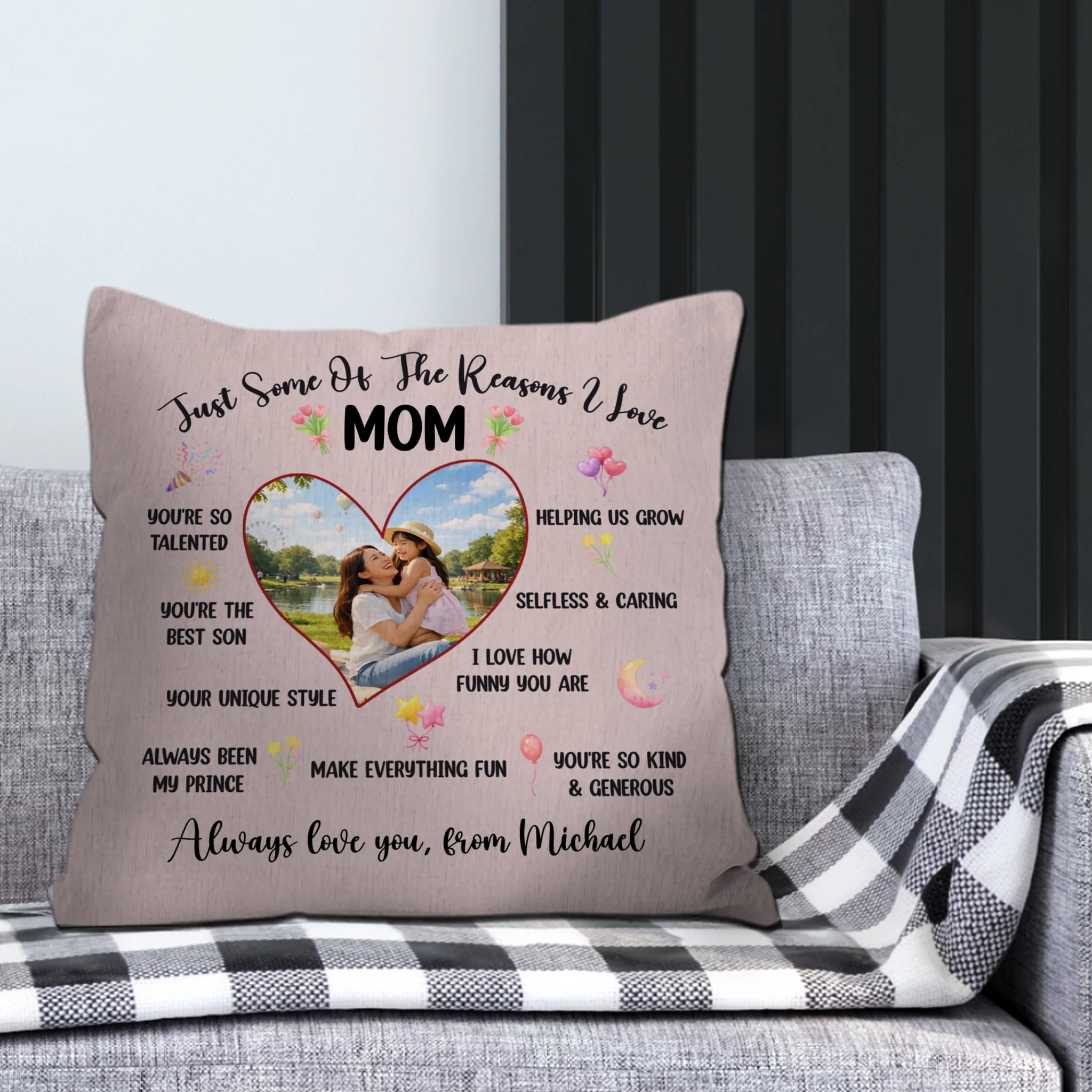Reasons I Love Mom Custom Photo Pillow – Personalized Heart Shape Gift For Mother
