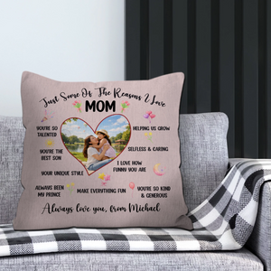 Reasons I Love Mom Custom Photo Pillow – Personalized Heart Shape Gift For Mother