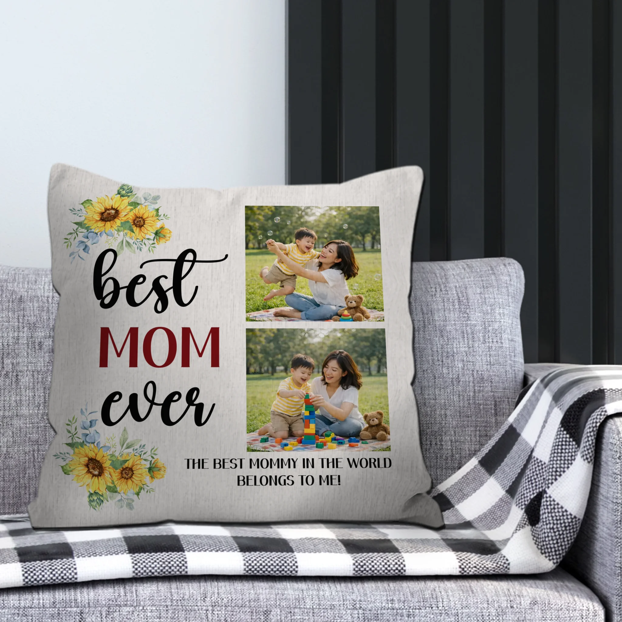 Personalized Sunflower Photo Pillow  –  Best Mom Ever Gift For Mother